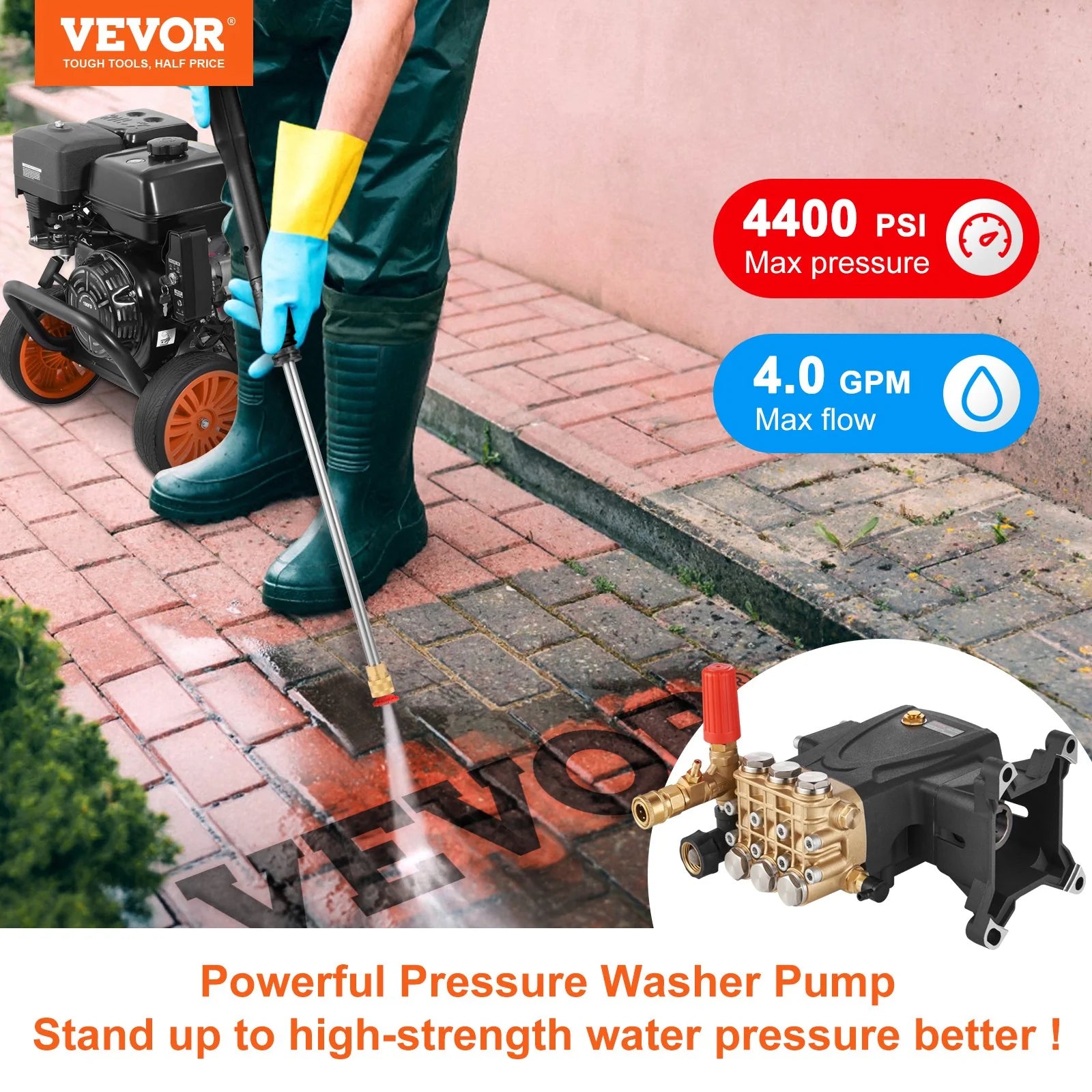 VEVOR Pressure Washer Pump, 1 Shaft Horizontal Triplex Plunger, 4400 PSI, 4 GPM Flow, Replacement Power Washer Pumps Kit, Parts Washer Pump, Compatible with Simpson Morflex Models 40224, 40225, 40226