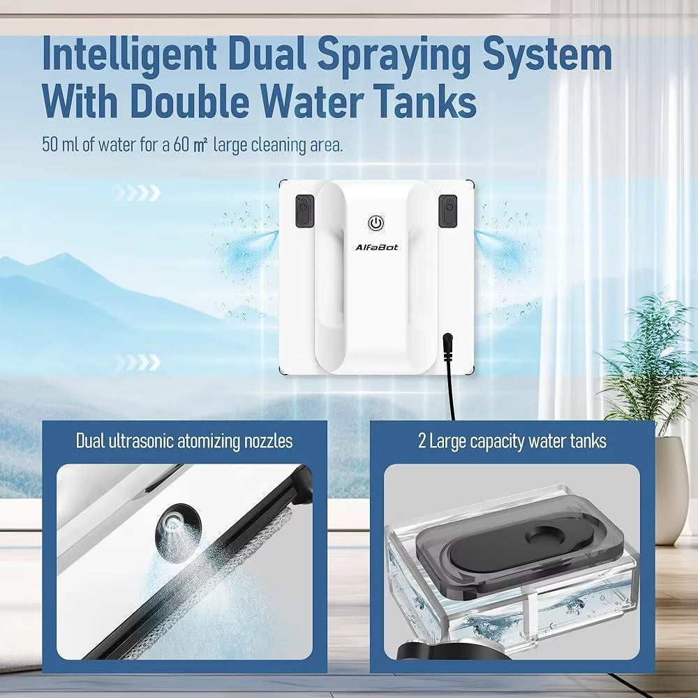 Window Cleaning Robot Dual Water Spray Intelligent Path Planning 2800Pa Suction Power Edge Detection Wet Dry Cleaning