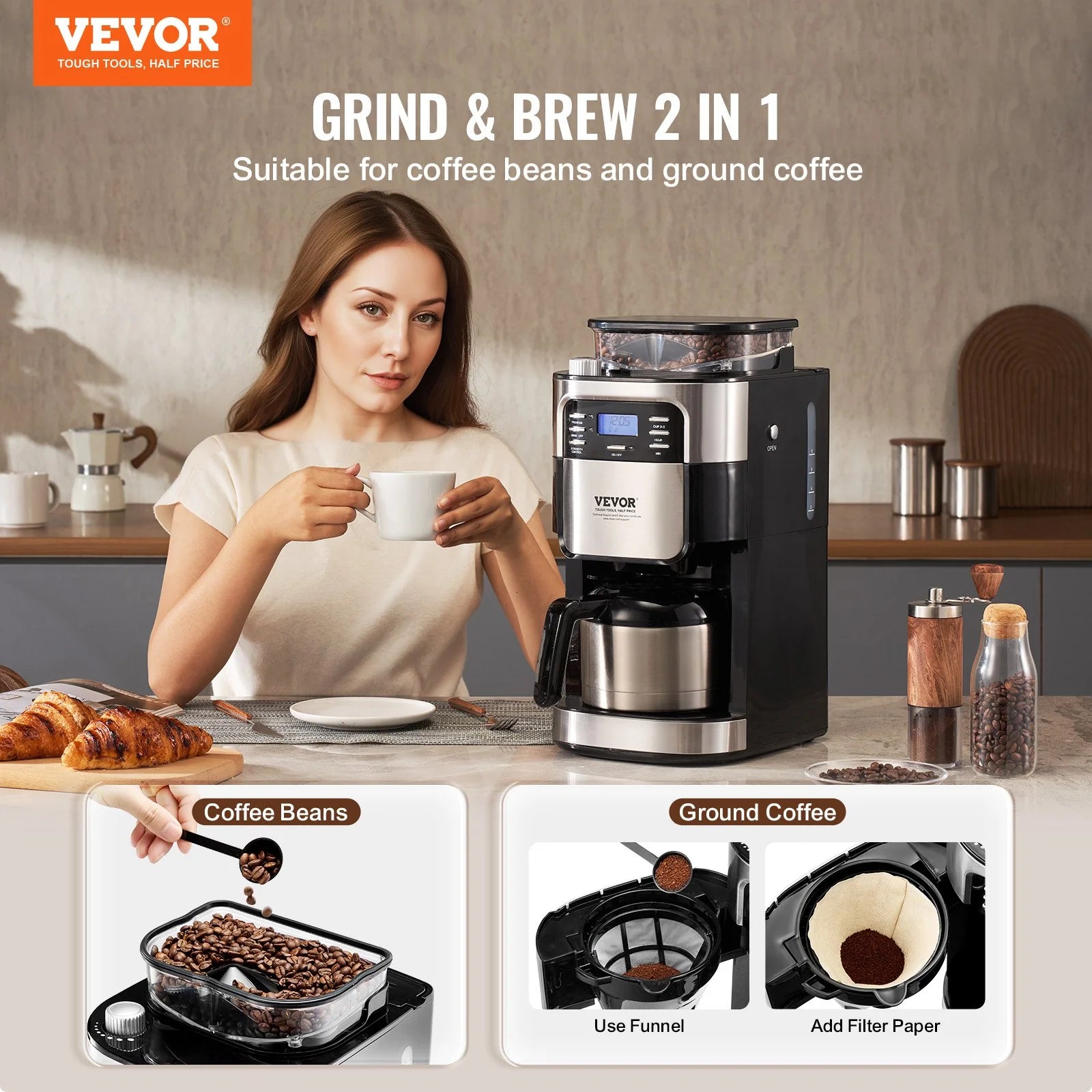 VEVOR 8-Cup Drip Coffee Maker with 24-Hour Programmable Timer