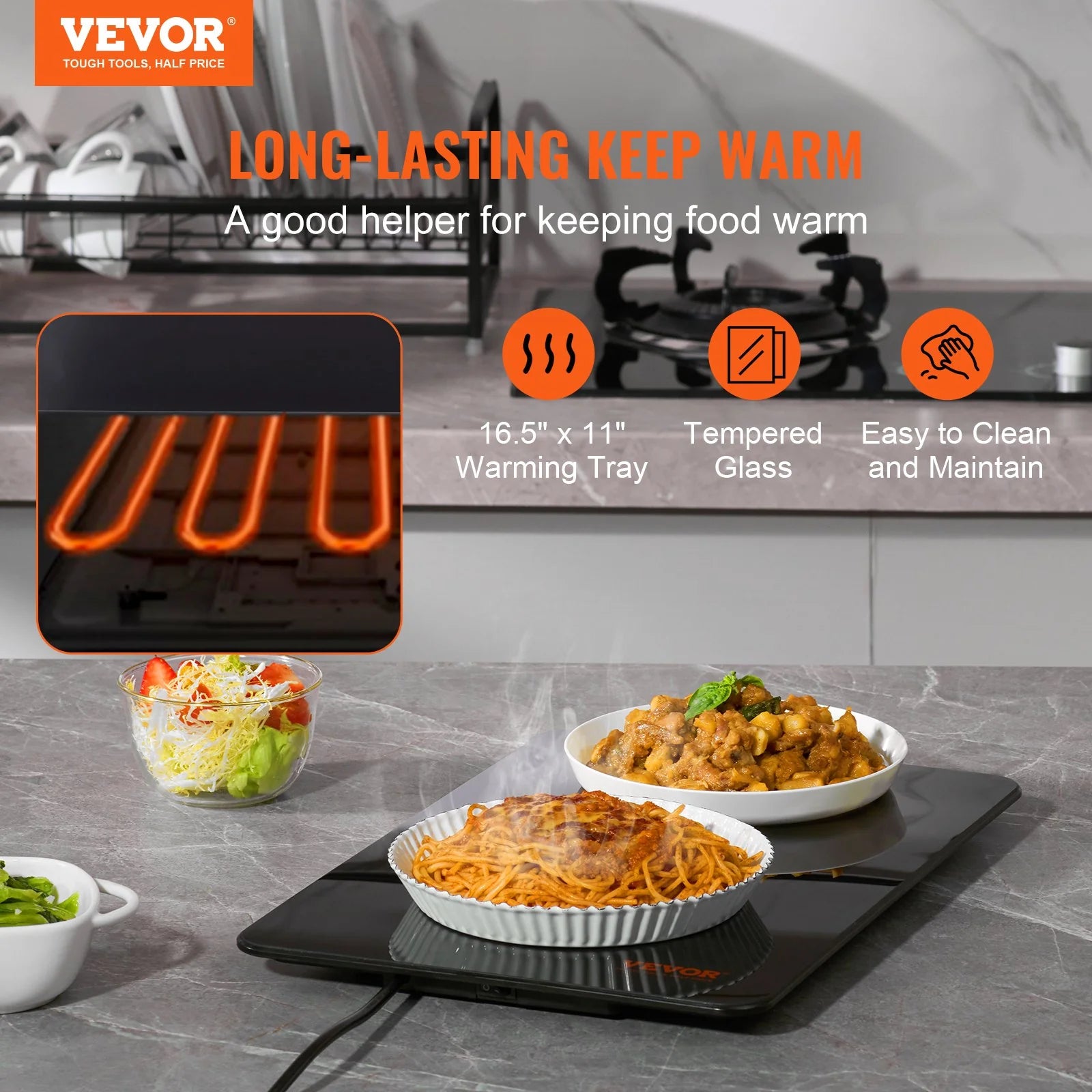 VEVOR Electric Warming Tray, 16.5 X 11 Portable Tempered Glass Heating Tray with Temperature Control (65-90¡Æ), Perfect for Dinner, Catering, House, Parties, Events, Entertaining and Holiday, Black