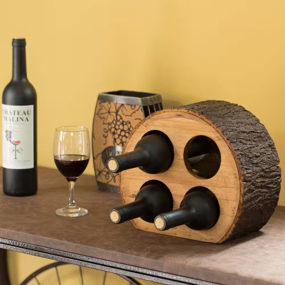 Elegant Round Wood Log Wine Rack Holder for 4 Bottles with Natural Bark Finish