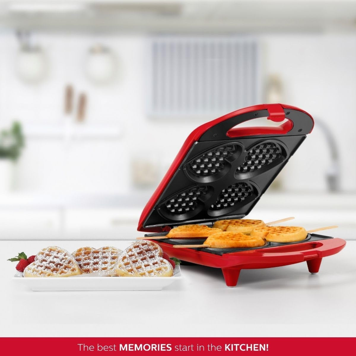 Non-Stick Heart-Shaped Waffle Maker in Red - Quickly Creates 4 Heart Waffles