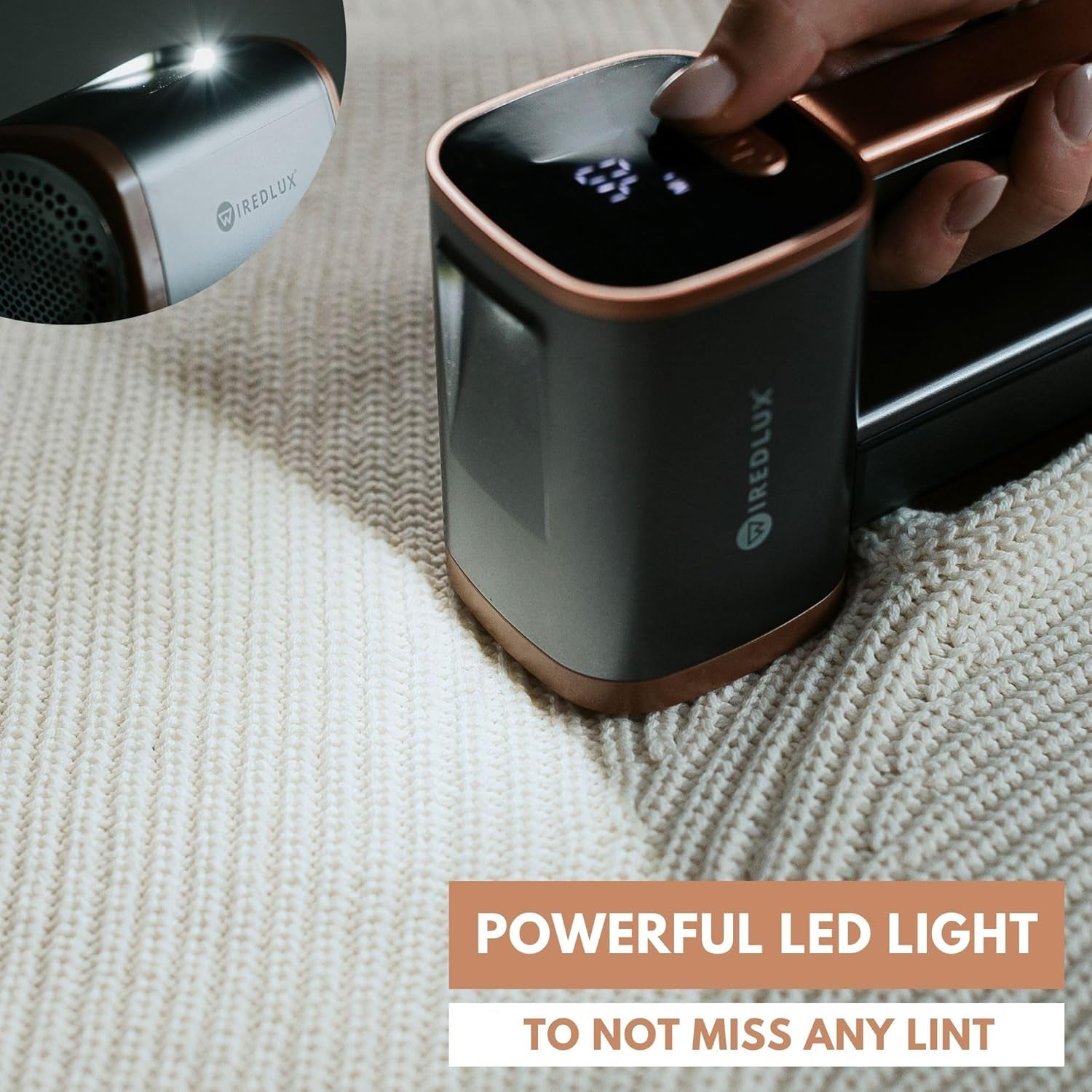 Electric Lint Remover - Rechargeable Fabric Shaver for Clothes & Couch - Adjustable 3-Speed, 6-Leaf Blade, LED Light, USB Charging - Depiller with Dual Protection (Graphite Grey/Copper)