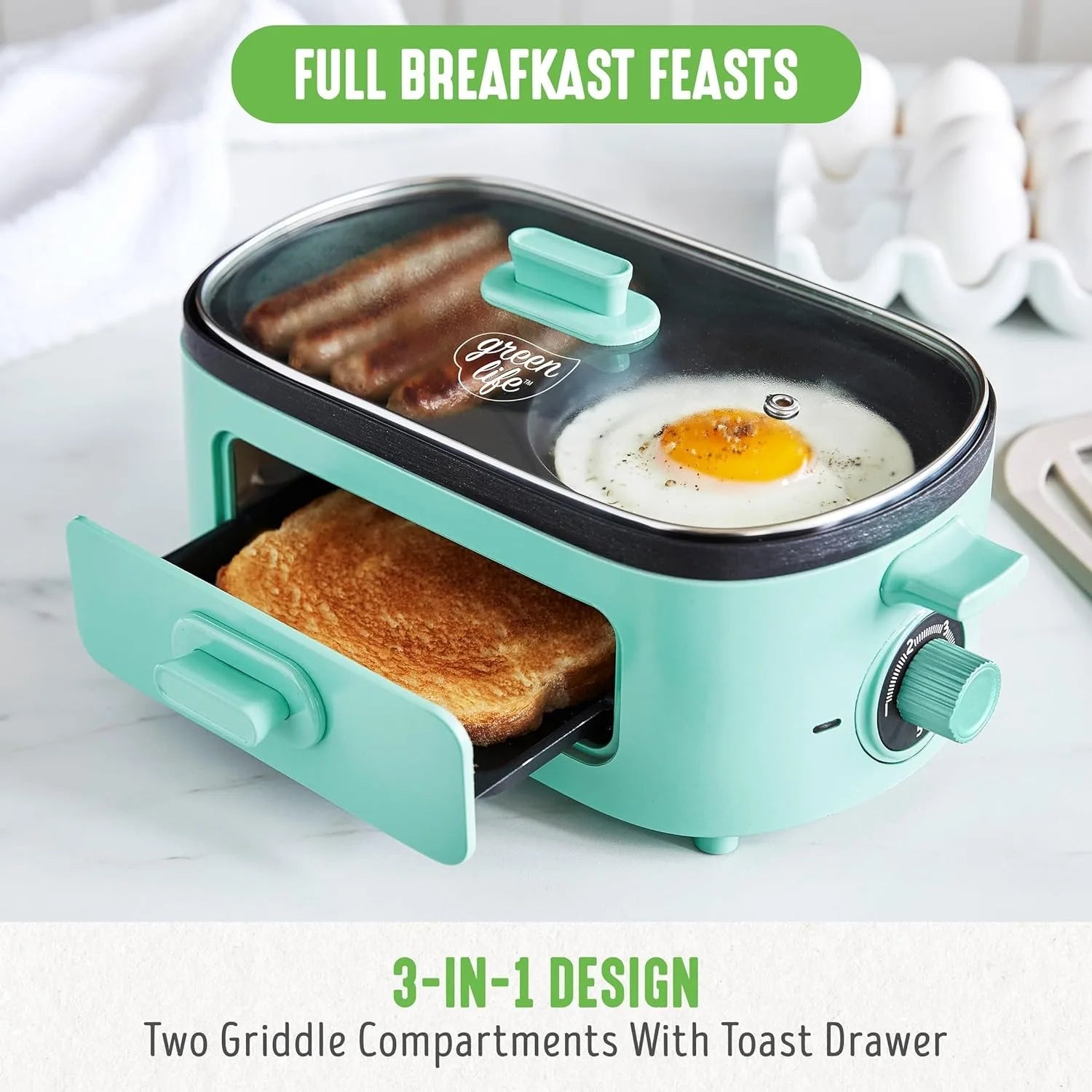 3-in-1 Breakfast Station with Ceramic Nonstick Dual Griddles, Breakfast Sandwich Maker, and 2-Slice Toast Drawer in Turquoise