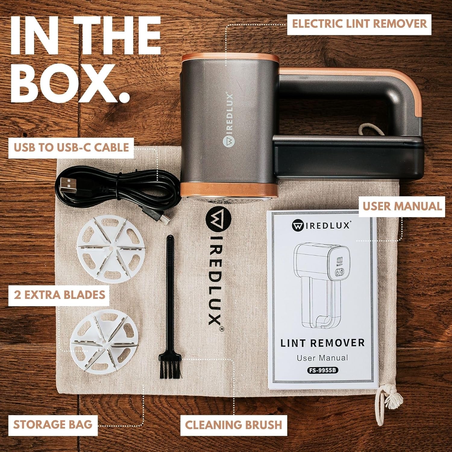 Electric Lint Remover - Rechargeable Fabric Shaver for Clothes & Couch - Adjustable 3-Speed, 6-Leaf Blade, LED Light, USB Charging - Depiller with Dual Protection (Graphite Grey/Copper)