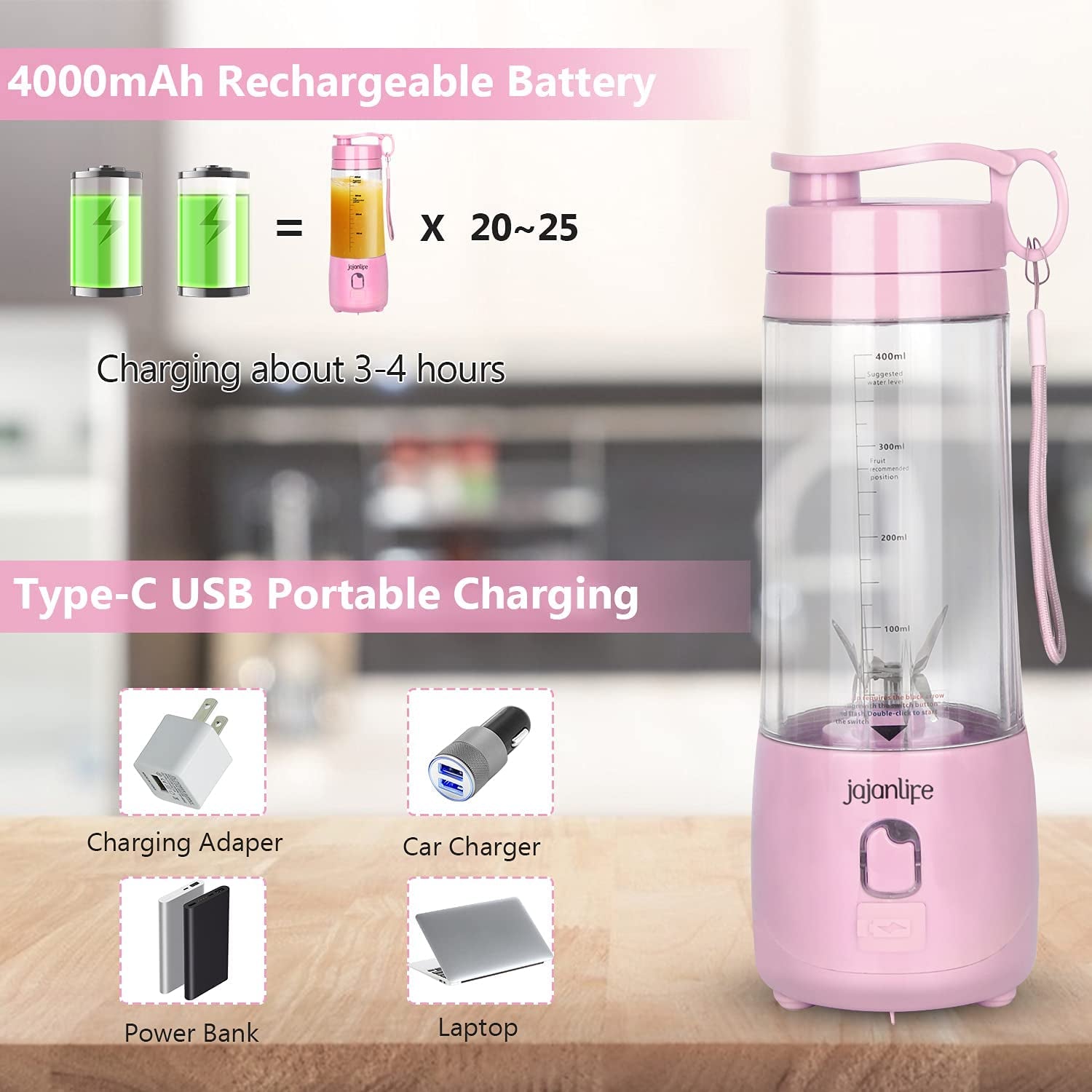 Portable Personal Blender for Shakes and Smoothies - 4000mAh Rechargeable Mini Travel Blender with 3D Six Blades, 13.5oz Fruit Mixer Cup for Home, Sports, and Outdoor Use (Pink)