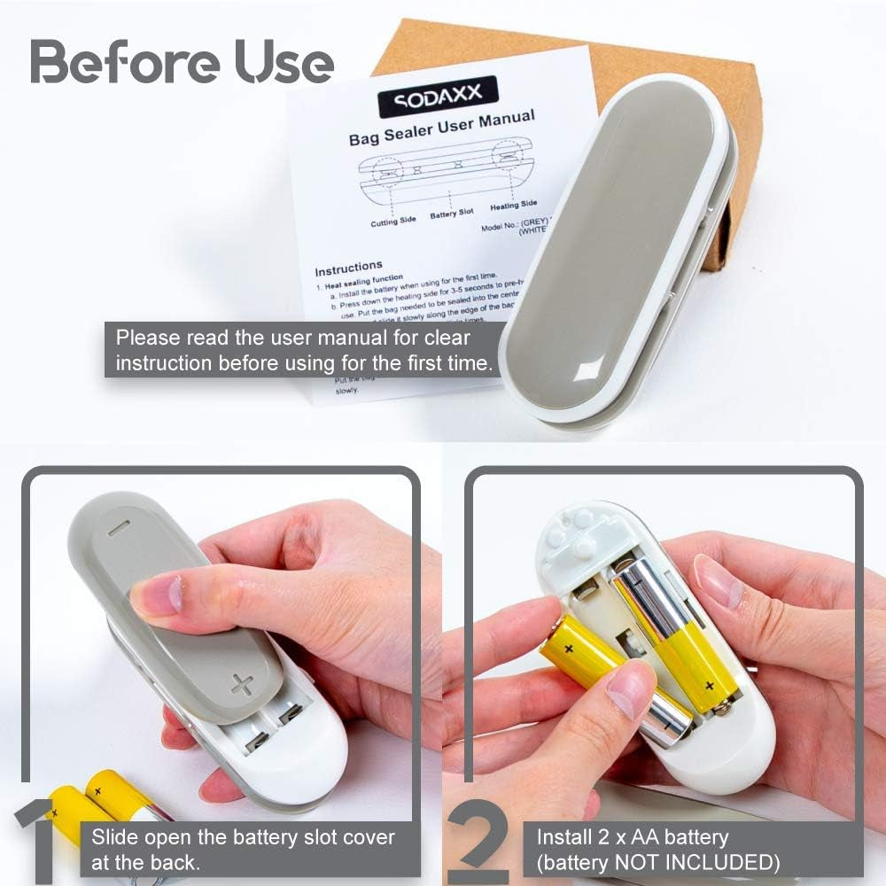 Portable Mini Heat Seal Bag Sealer with Hook - 2-in-1 Vacuum Sealer and Cutter for Resealing Snack, Plastic, and Aluminum Bags (Grey)