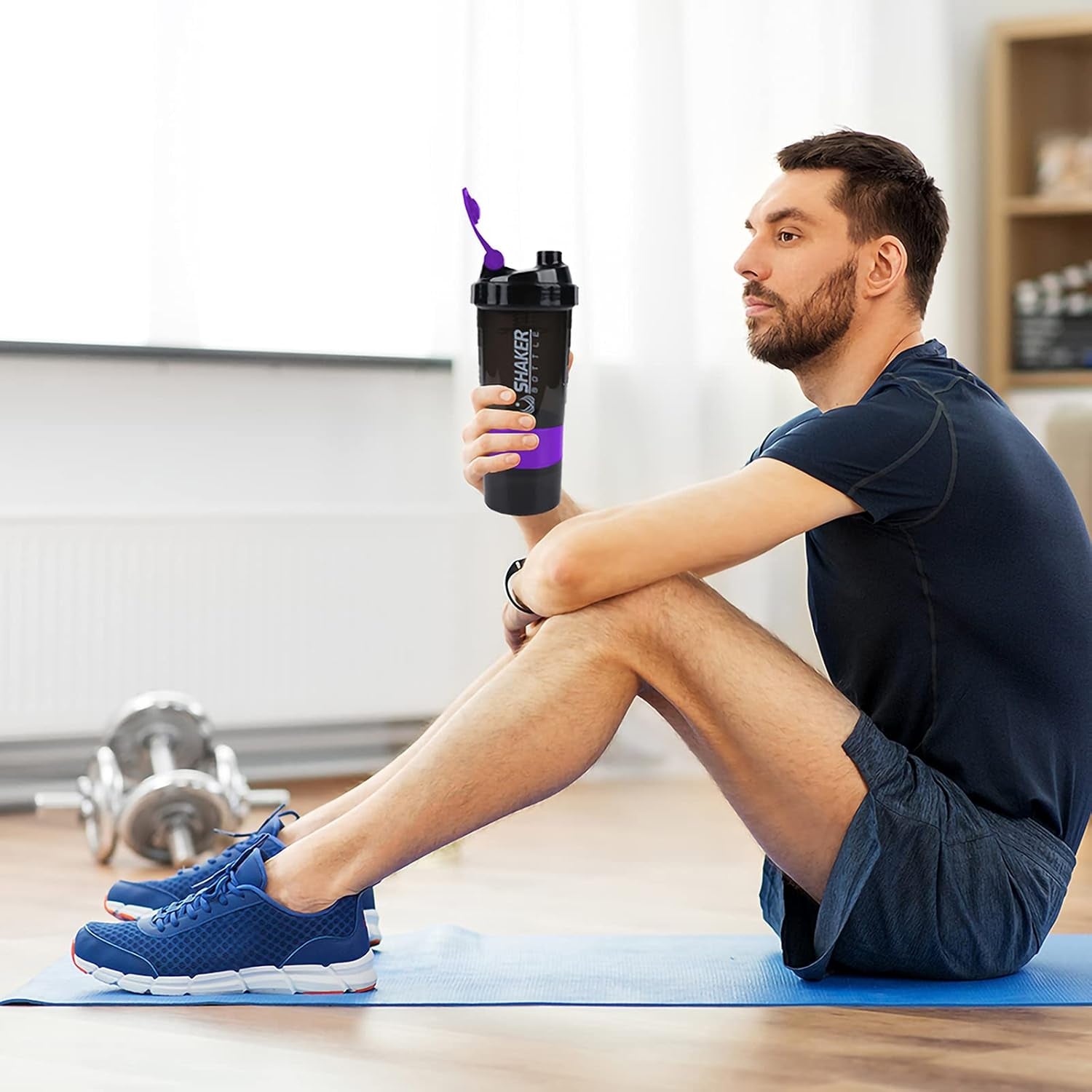 Professional Protein Shaker Bottle - 16 Oz Leak-Proof Sports Water Bottle with Non-Slip 3-Layer Twist-Off Cups and Pill Tray - Purple