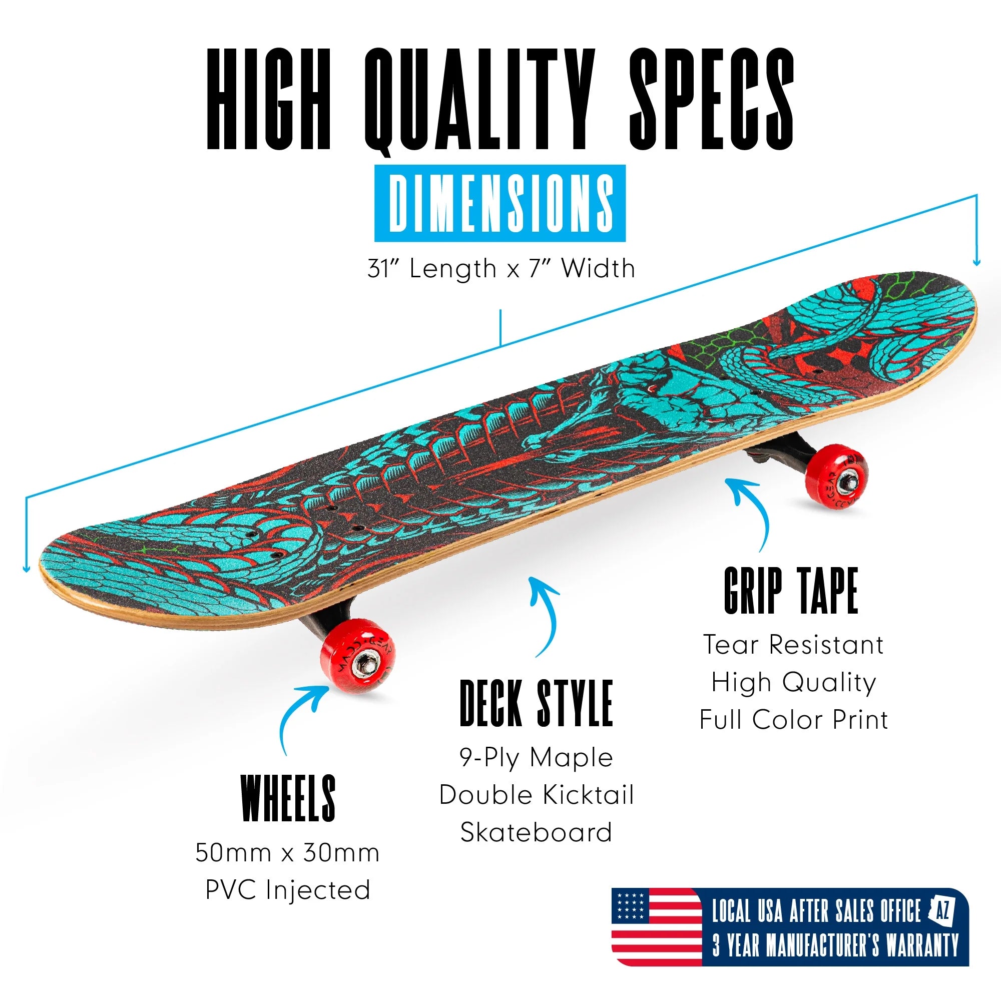 31" Long by 7" Wide Double Kicktail Beginner Complete Skateboard with Maple Deck