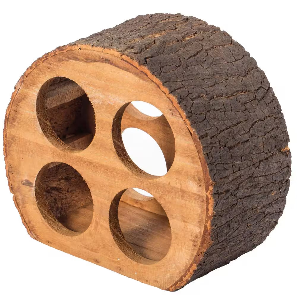 Elegant Round Wood Log Wine Rack Holder for 4 Bottles with Natural Bark Finish