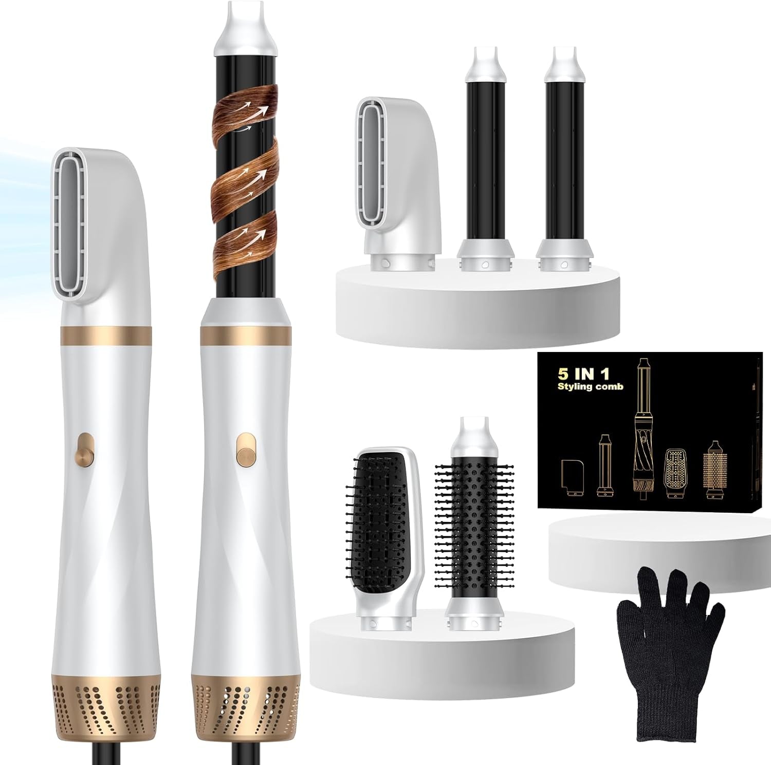 5 in 1 Hair Dryer Brush Set, Blow Dryer Brush with Air Style Wrap Hair Styler, Negative Ionic Magic Style Set, Detachable Air Curler for Volumizer,Straightener,Drying
