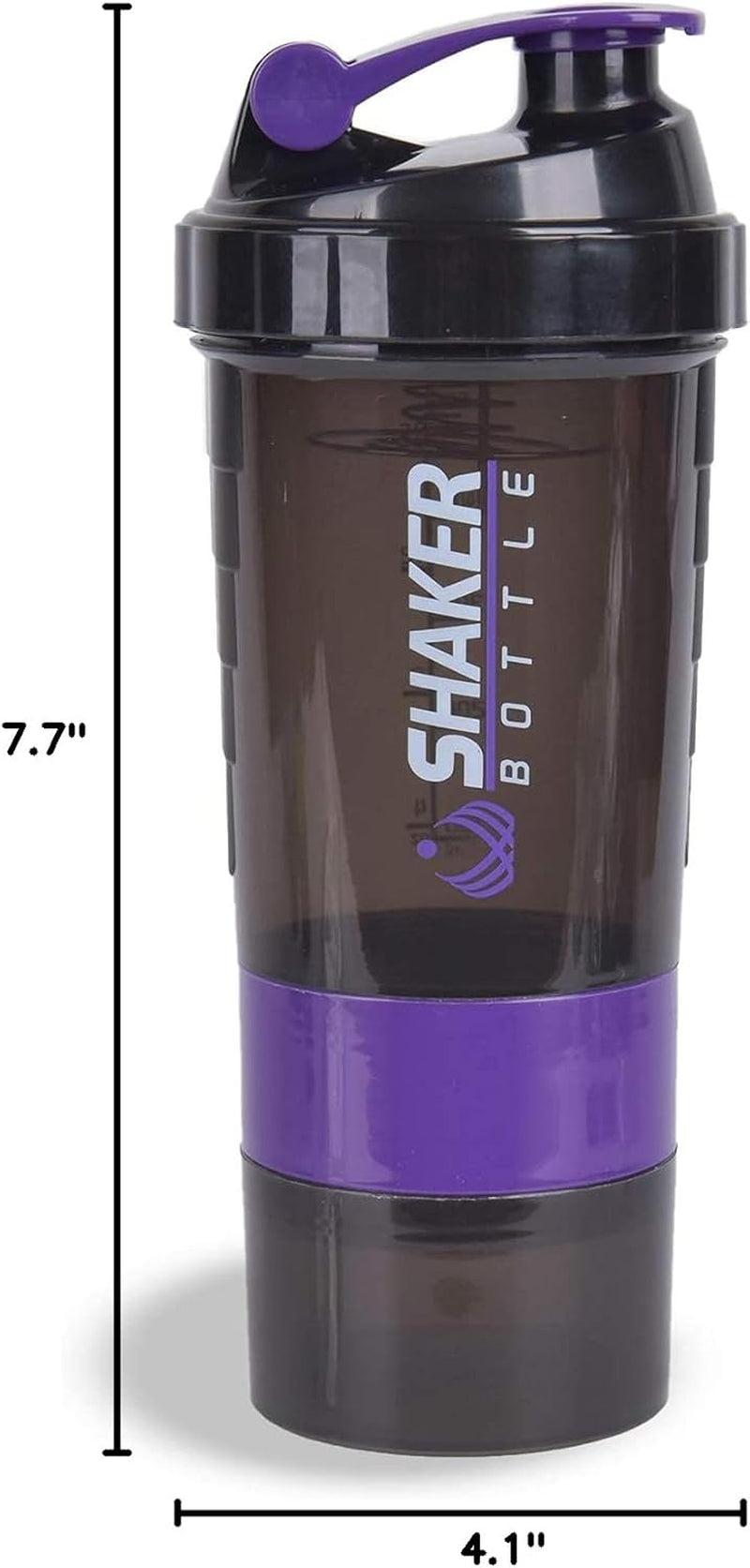 Professional Protein Shaker Bottle - 16 Oz Leak-Proof Sports Water Bottle with Non-Slip 3-Layer Twist-Off Cups and Pill Tray - Purple