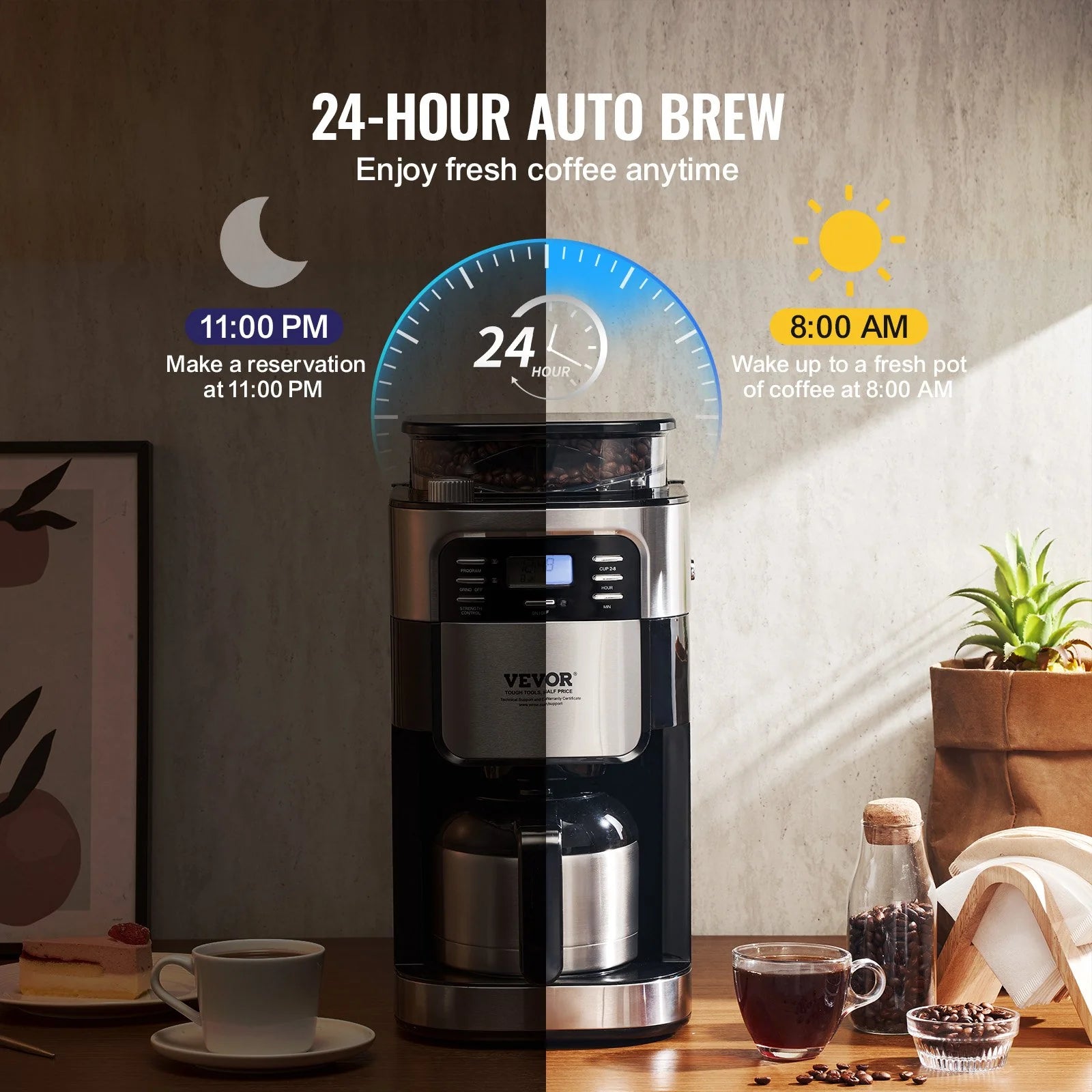 VEVOR 8-Cup Drip Coffee Maker with 24-Hour Programmable Timer