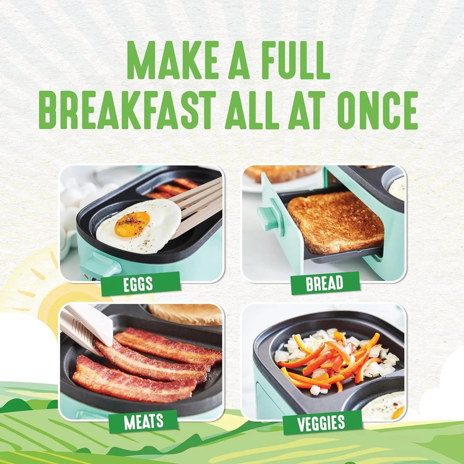 3-in-1 Breakfast Station with Ceramic Nonstick Dual Griddles, Breakfast Sandwich Maker, and 2-Slice Toast Drawer in Turquoise