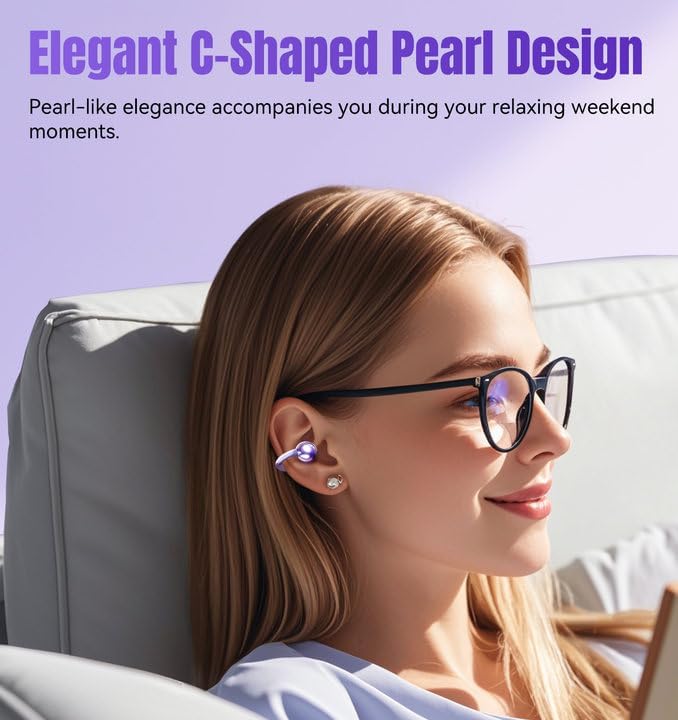 Clip on Earbuds Open Ear Wireless Bluetooth 5.4 Headphones with Mic,50H Play,Noise Cancelling,Waterproof,Sports Ear Buds,Comfortable for Small Ears & Glasses Wearers,Workouts (Purple)