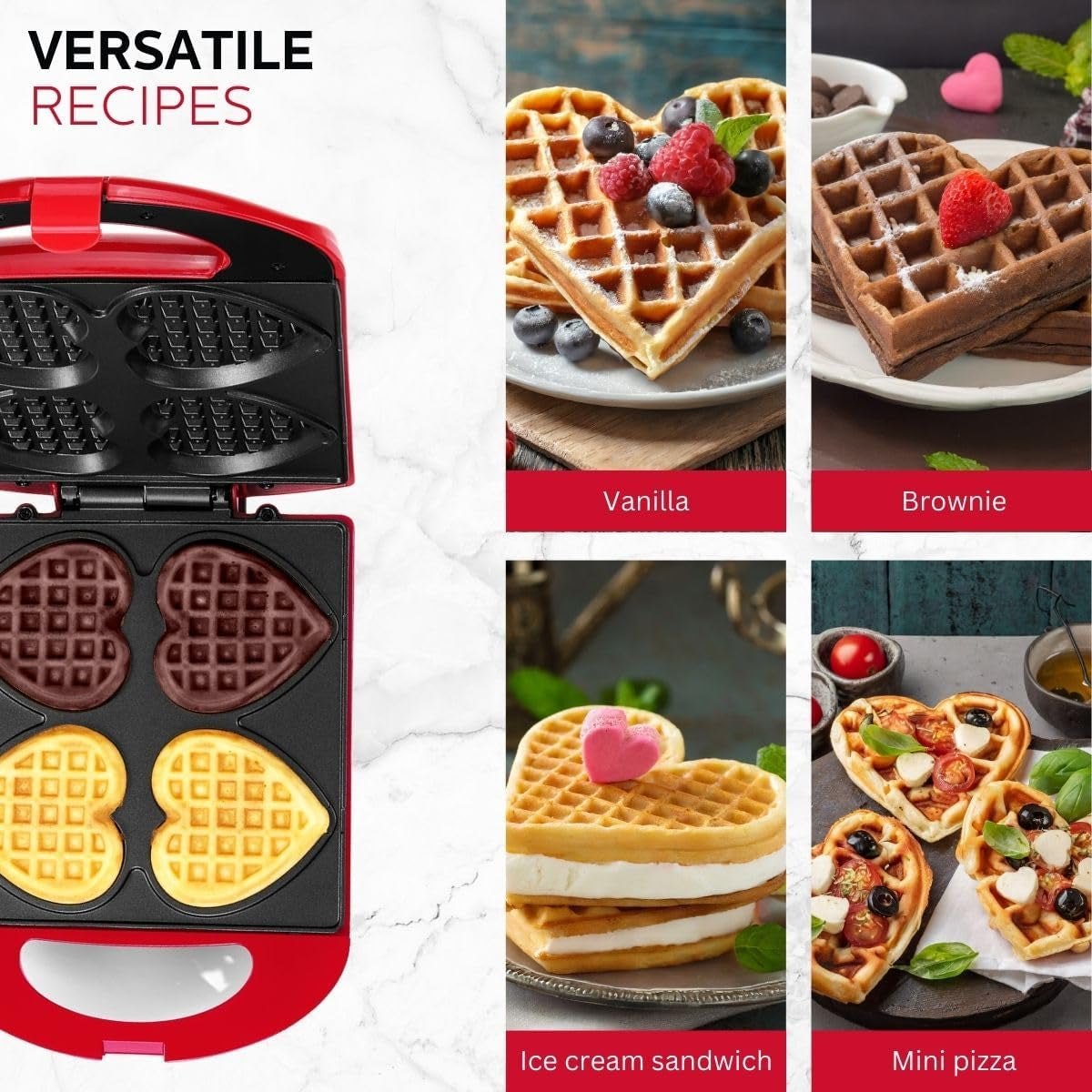 Non-Stick Heart-Shaped Waffle Maker in Red - Quickly Creates 4 Heart Waffles