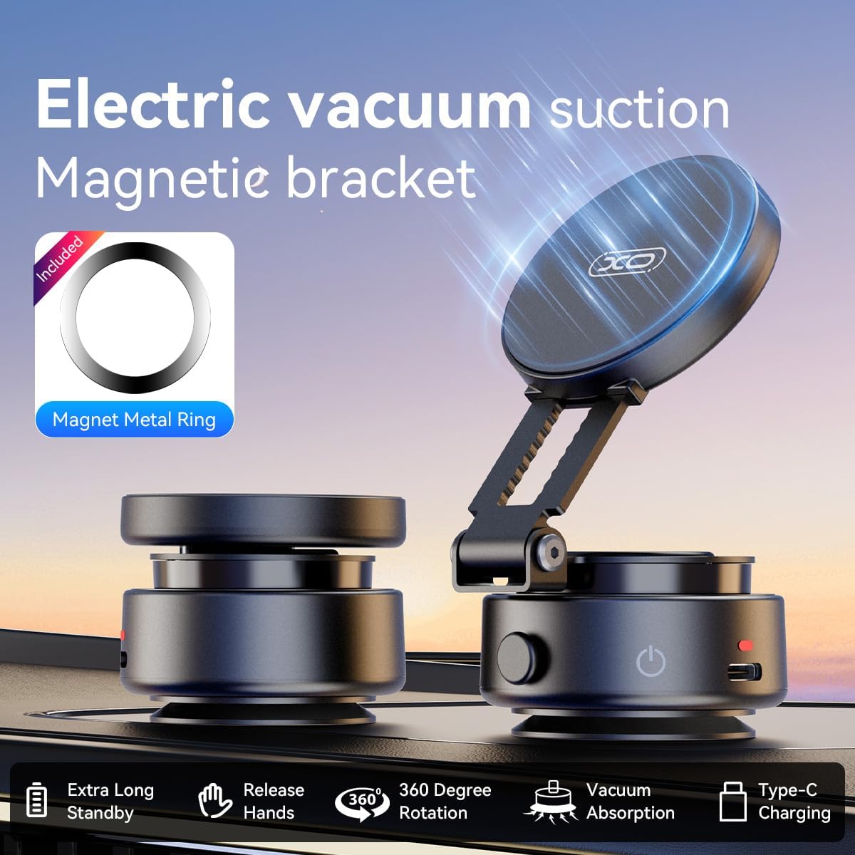 360°Rotating Electric Vacuum Magnetic Suction Phone Holder, XO Foldable Car Phone Mount,Strong Magnetic Car Phone Holder for Iphone16/15/14/13/12 Series,For Any Smooth Surfaces (Not Charging Phone)