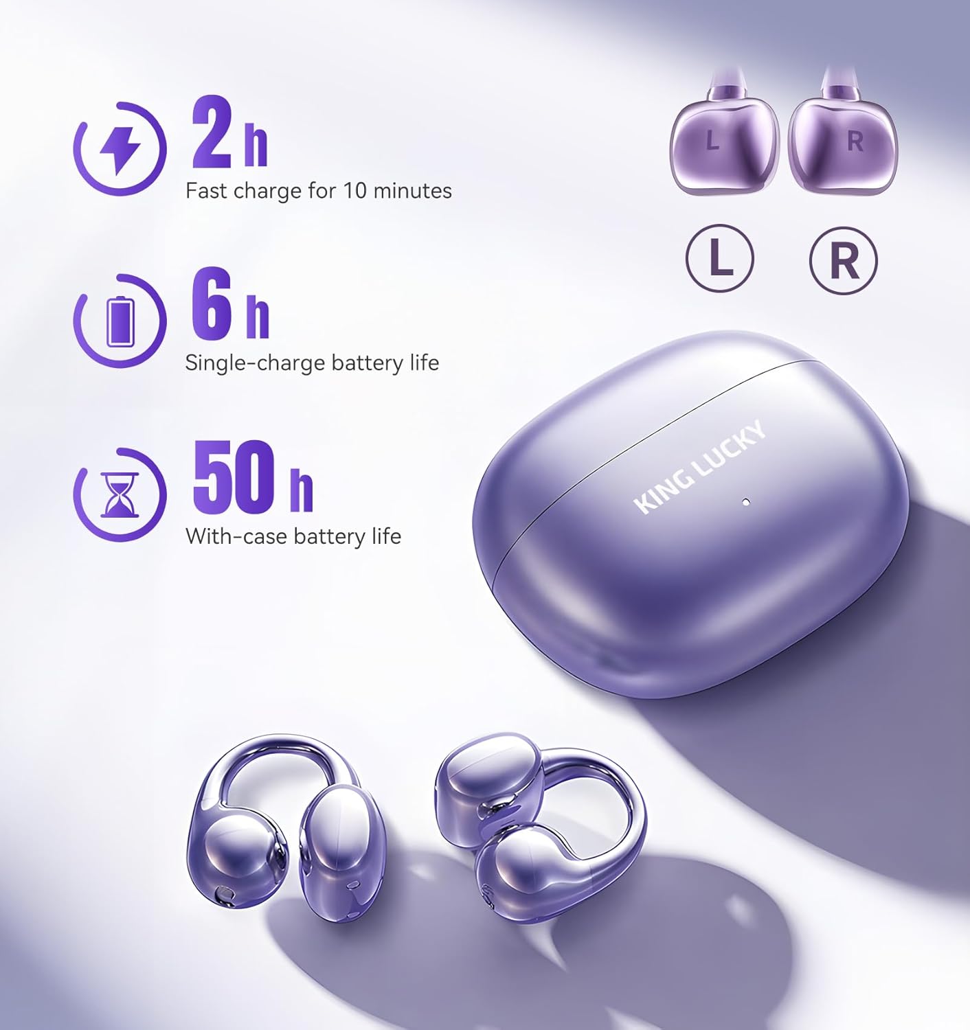 Clip on Earbuds Open Ear Wireless Bluetooth 5.4 Headphones with Mic,50H Play,Noise Cancelling,Waterproof,Sports Ear Buds,Comfortable for Small Ears & Glasses Wearers,Workouts (Purple)