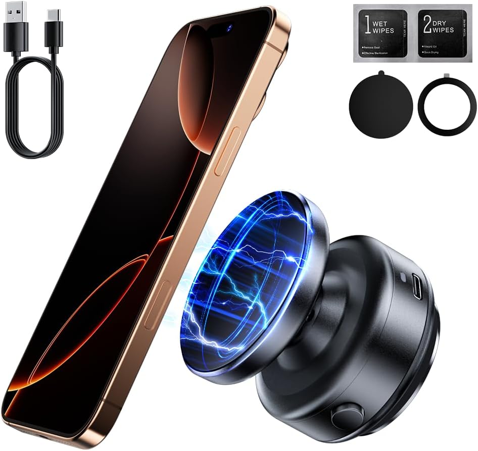 360°Rotating Electric Vacuum Magnetic Suction Phone Holder, XO Foldable Car Phone Mount,Strong Magnetic Car Phone Holder for Iphone16/15/14/13/12 Series,For Any Smooth Surfaces (Not Charging Phone)