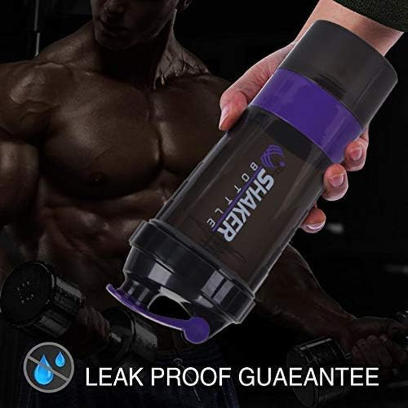 Professional Protein Shaker Bottle - 16 Oz Leak-Proof Sports Water Bottle with Non-Slip 3-Layer Twist-Off Cups and Pill Tray - Purple