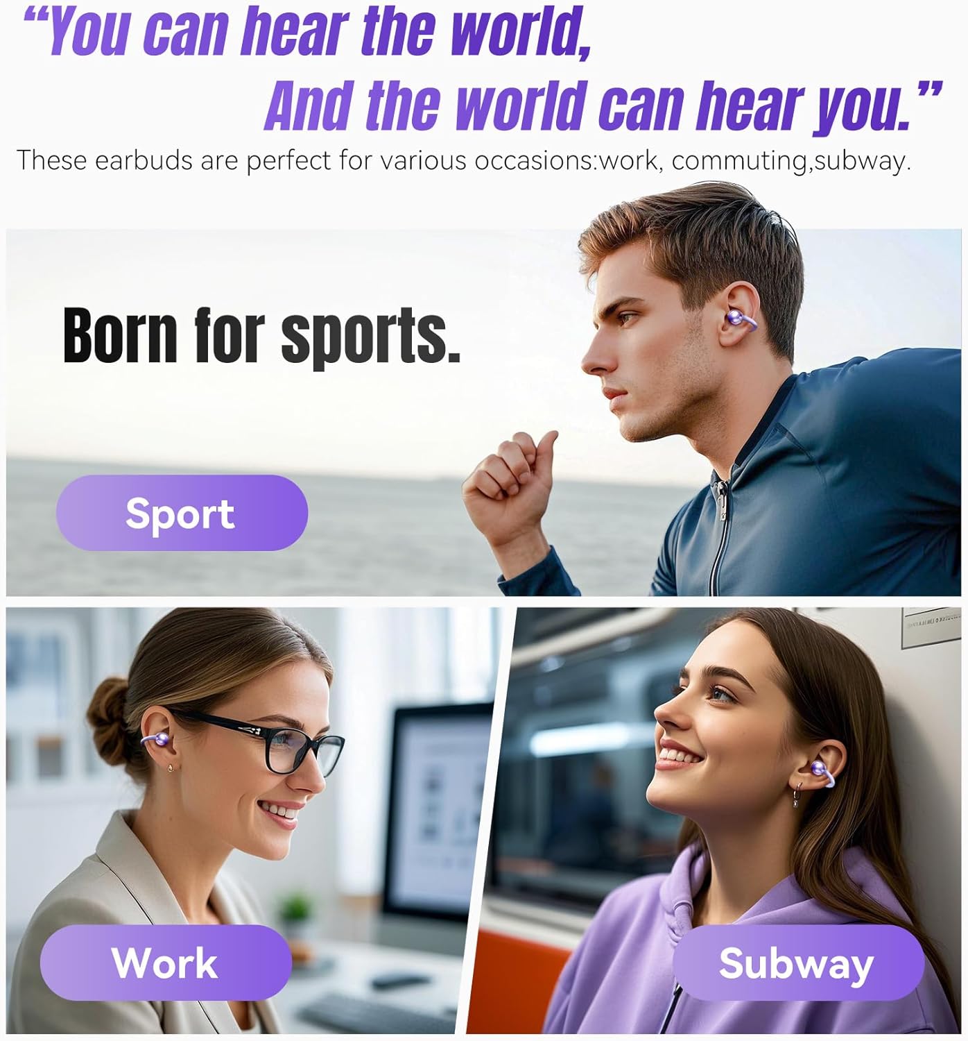 Clip on Earbuds Open Ear Wireless Bluetooth 5.4 Headphones with Mic,50H Play,Noise Cancelling,Waterproof,Sports Ear Buds,Comfortable for Small Ears & Glasses Wearers,Workouts (Purple)