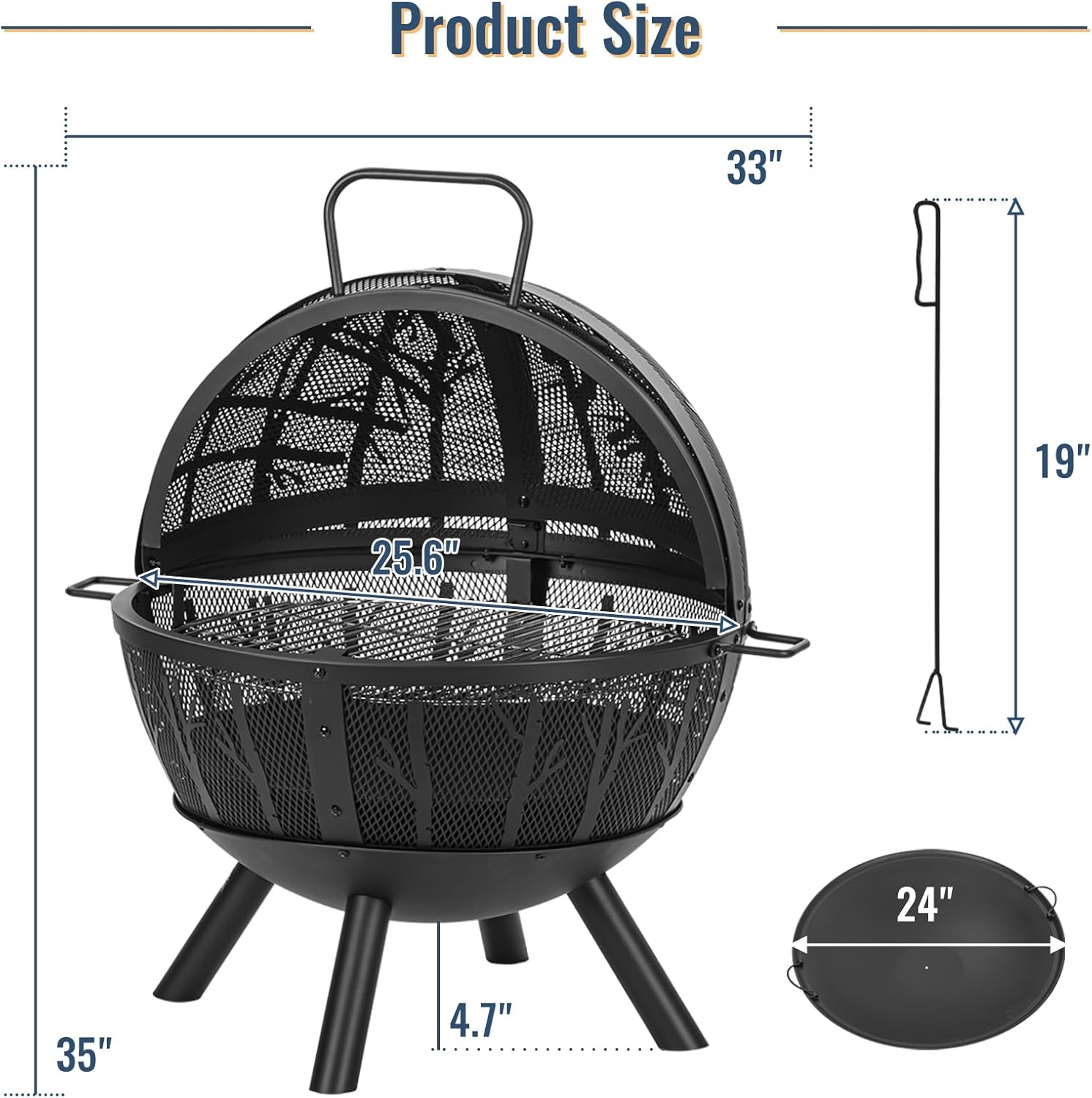 35 Inch Wood Burning Fire Pit with BBQ Grill, Heavy Duty Fire Pits Ball for outside with Spark Screen & Removable Ash Pan, Outdoor Firepit & Fireplace for Bonfire in Garden, Yard