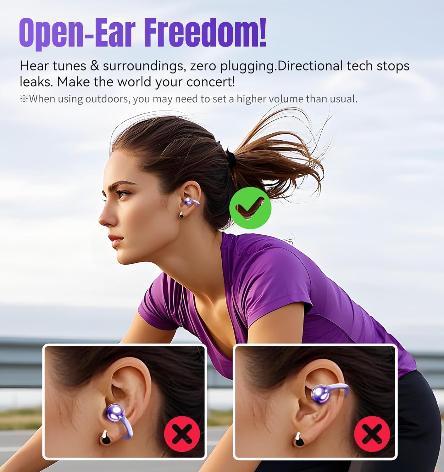 Clip on Earbuds Open Ear Wireless Bluetooth 5.4 Headphones with Mic,50H Play,Noise Cancelling,Waterproof,Sports Ear Buds,Comfortable for Small Ears & Glasses Wearers,Workouts (Purple)
