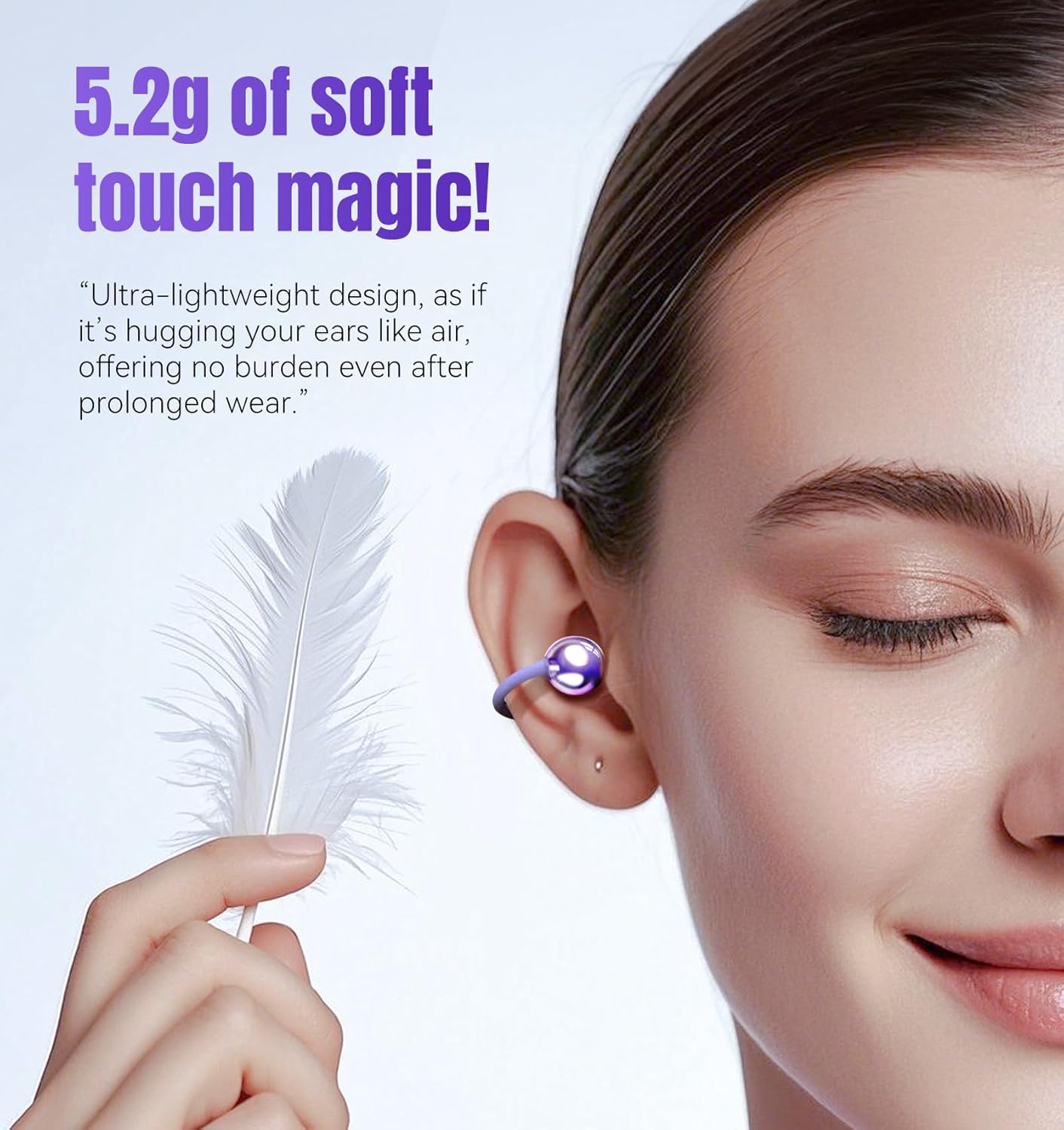 Clip on Earbuds Open Ear Wireless Bluetooth 5.4 Headphones with Mic,50H Play,Noise Cancelling,Waterproof,Sports Ear Buds,Comfortable for Small Ears & Glasses Wearers,Workouts (Purple)
