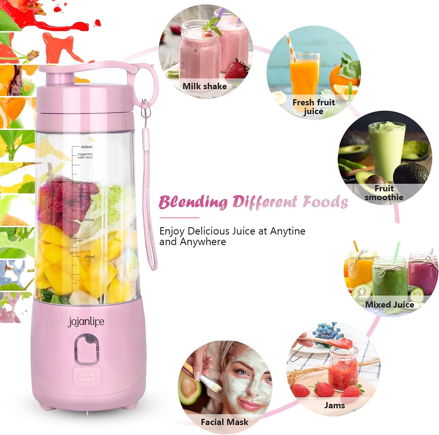 Portable Personal Blender for Shakes and Smoothies - 4000mAh Rechargeable Mini Travel Blender with 3D Six Blades, 13.5oz Fruit Mixer Cup for Home, Sports, and Outdoor Use (Pink)