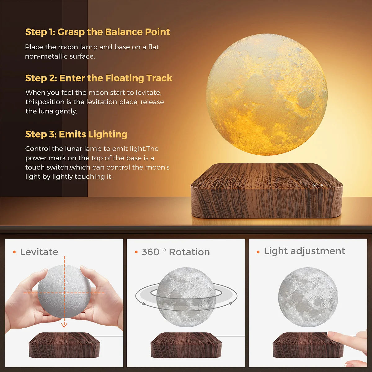 Levitating Moon Table Lamp, Magnetic Floating Night Light with 3 Lighting Modes, 3D Printed Levitation Bedside Table Lamp for Of