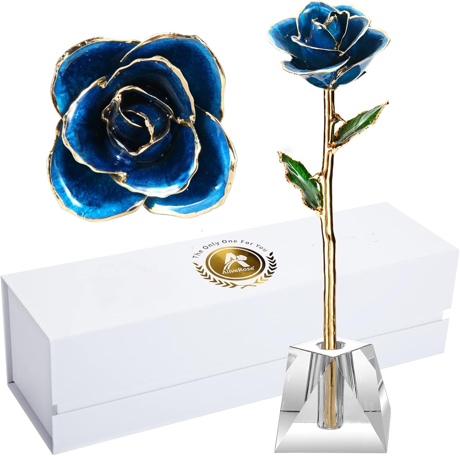 Gold Rose,24K Gold Real Rose Gift for Her, Long Stem Rose Made from Real Gold Rose for Anniversary Valentines Mothers Day Birthday (Teal Blue with Crystal Vase)