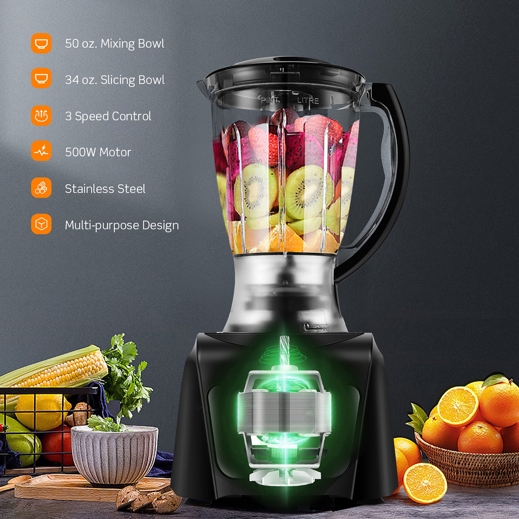 8-Cup Food Processor with 500W Variable Speed Blender and 3 Blades