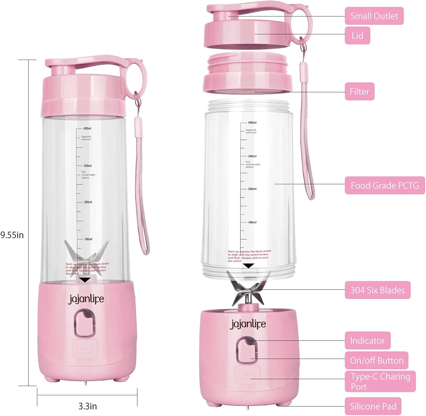 Portable Personal Blender for Shakes and Smoothies - 4000mAh Rechargeable Mini Travel Blender with 3D Six Blades, 13.5oz Fruit Mixer Cup for Home, Sports, and Outdoor Use (Pink)
