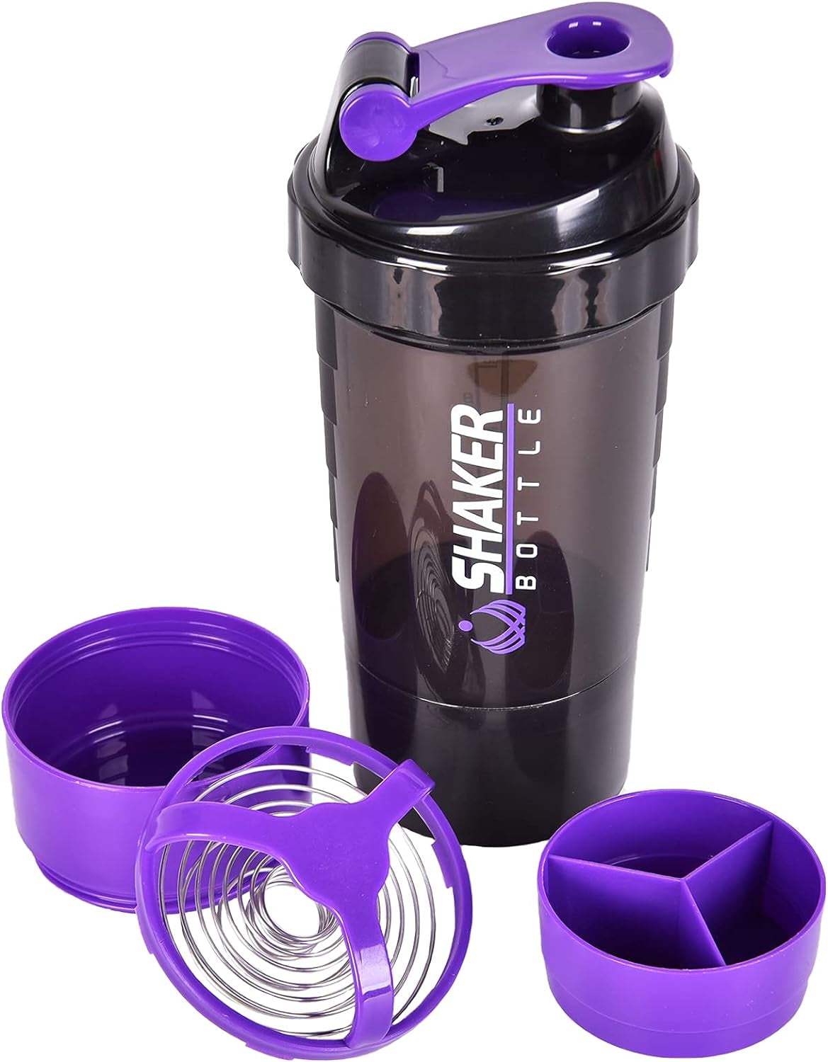 Professional Protein Shaker Bottle - 16 Oz Leak-Proof Sports Water Bottle with Non-Slip 3-Layer Twist-Off Cups and Pill Tray - Purple