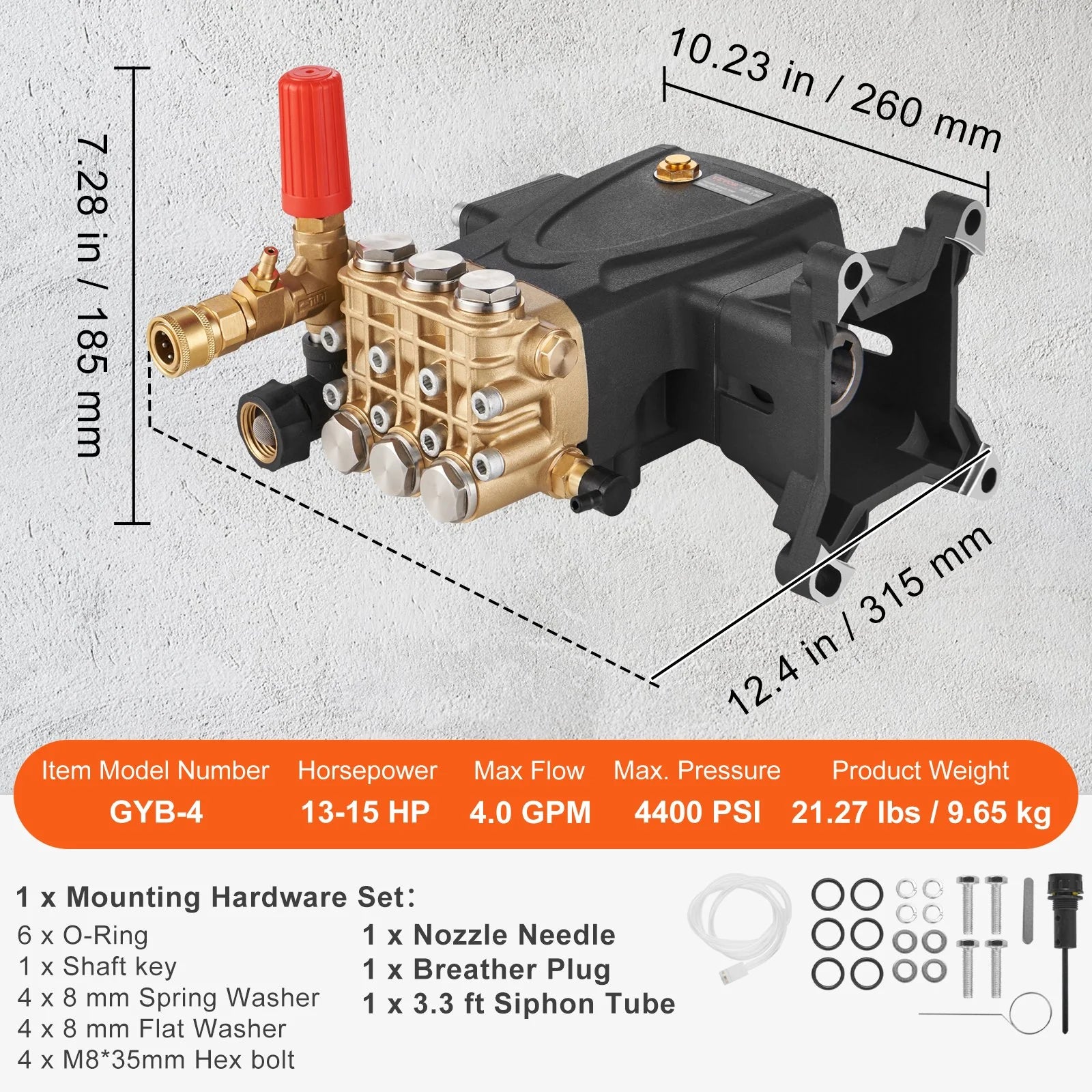 VEVOR Pressure Washer Pump, 1 Shaft Horizontal Triplex Plunger, 4400 PSI, 4 GPM Flow, Replacement Power Washer Pumps Kit, Parts Washer Pump, Compatible with Simpson Morflex Models 40224, 40225, 40226
