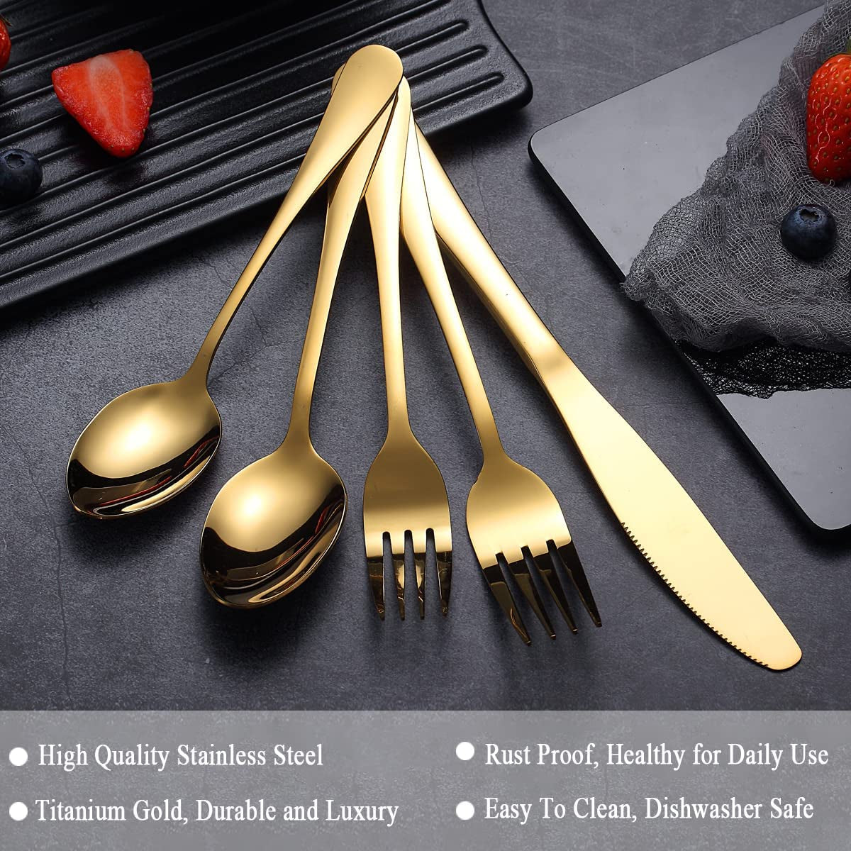 20-Piece Stainless Steel Flatware Set with Titanium Gold Plating, Service for 4 in Elegant Shiny Gold Finish
