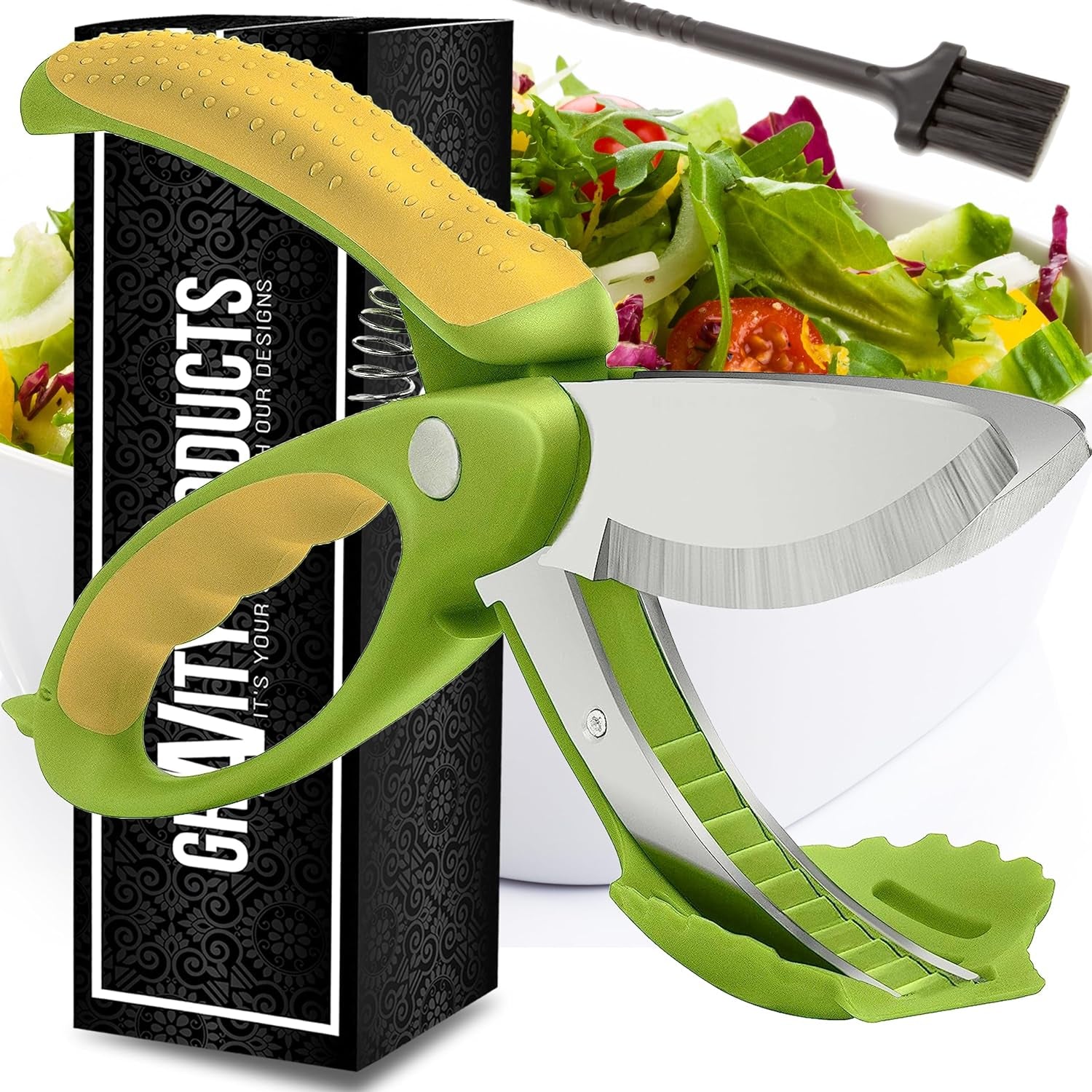 Salad Scissors - 2-In-1 Food Chopper and Kitchen Shears for Easy Salad Making, Vegetables, Meat & More - Ergonomic Handle, Stainless Steel Blades