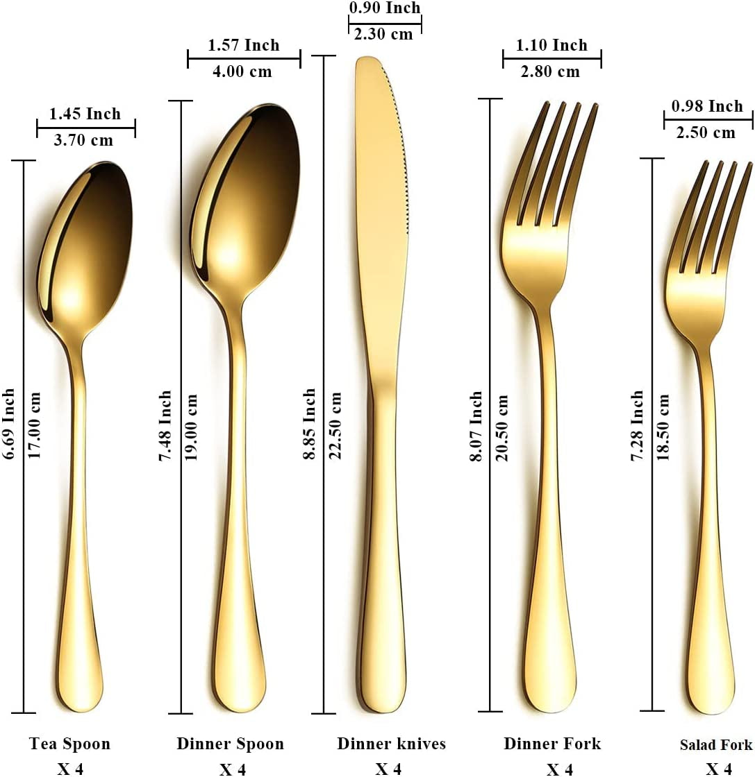 20-Piece Stainless Steel Flatware Set with Titanium Gold Plating, Service for 4 in Elegant Shiny Gold Finish