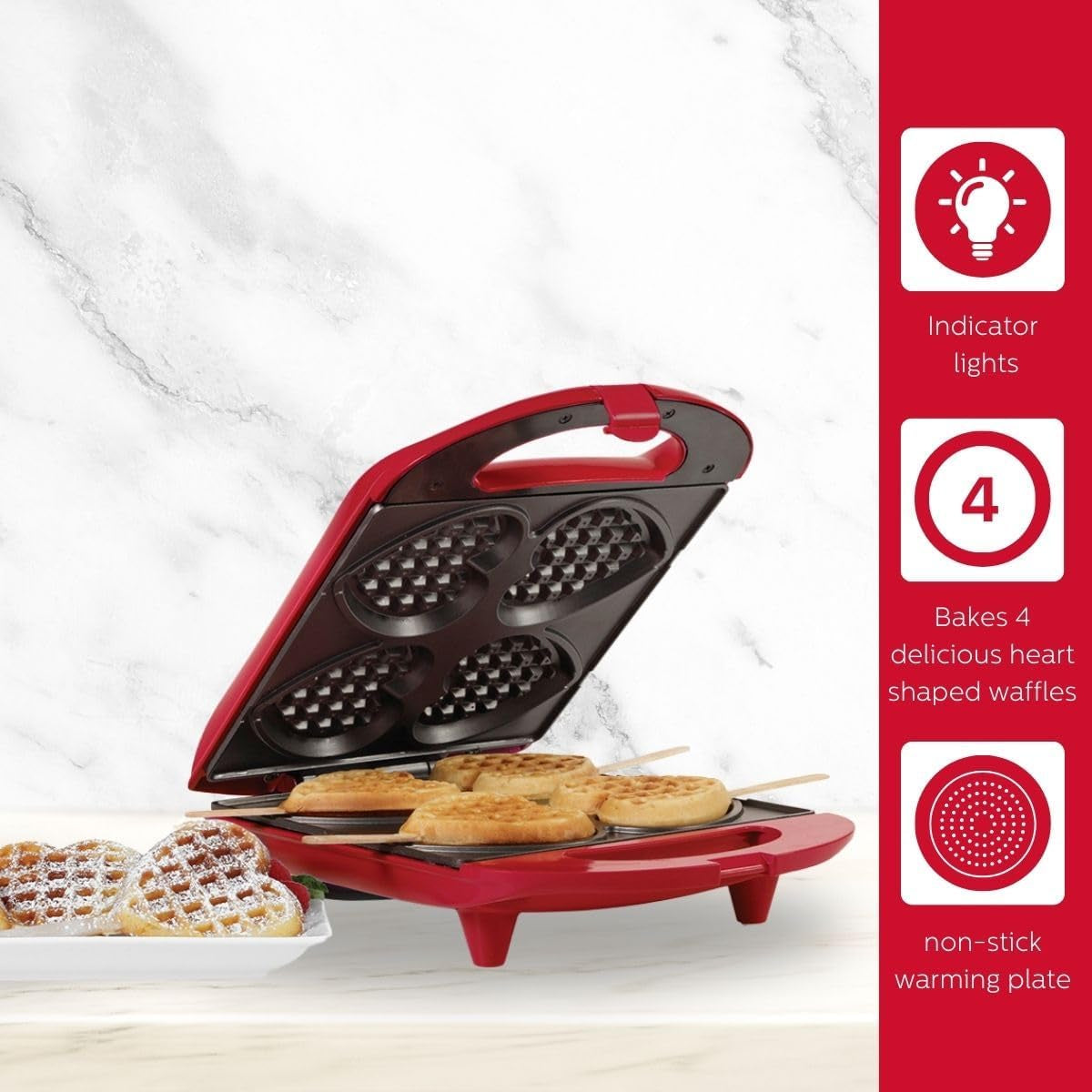 Non-Stick Heart-Shaped Waffle Maker in Red - Quickly Creates 4 Heart Waffles
