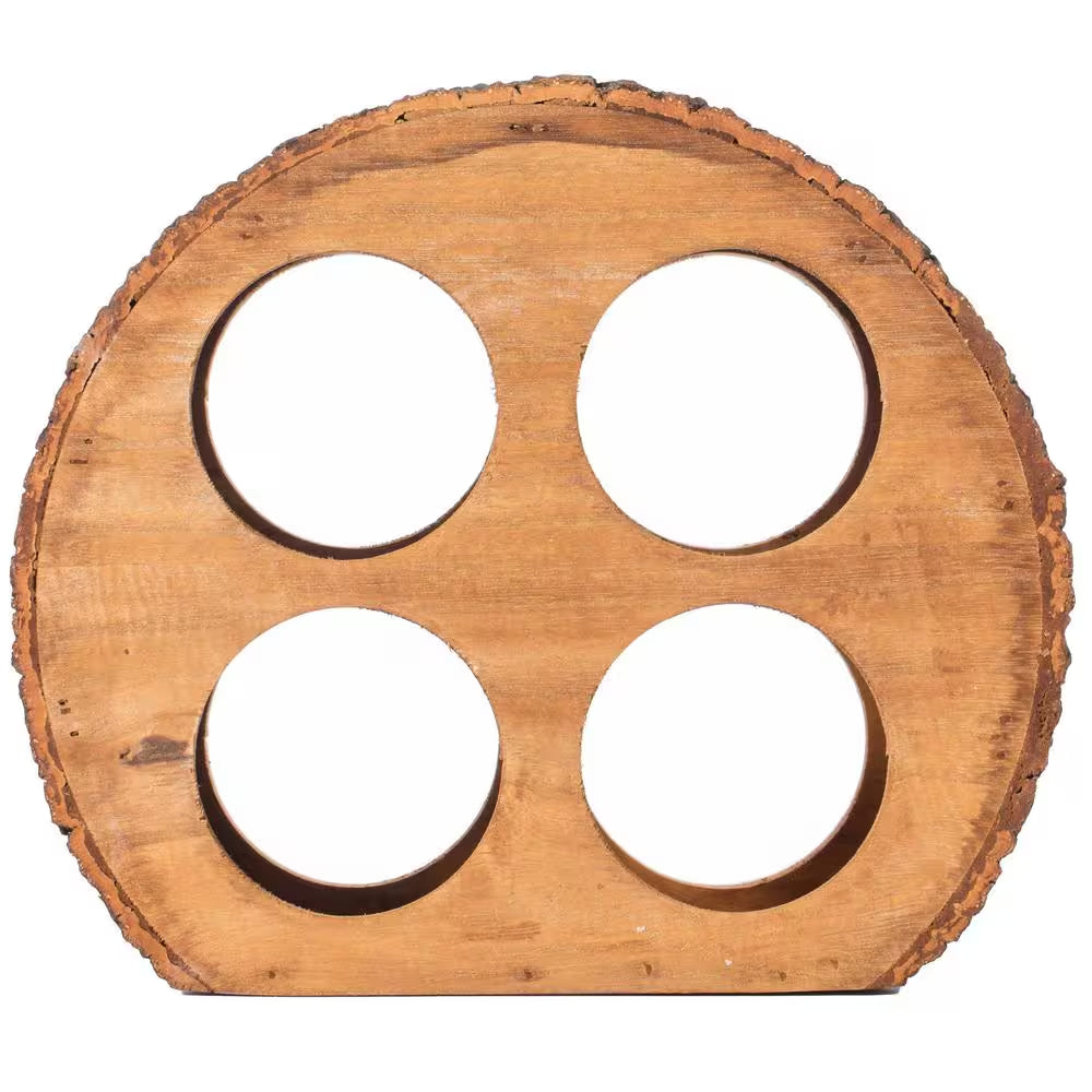 Elegant Round Wood Log Wine Rack Holder for 4 Bottles with Natural Bark Finish