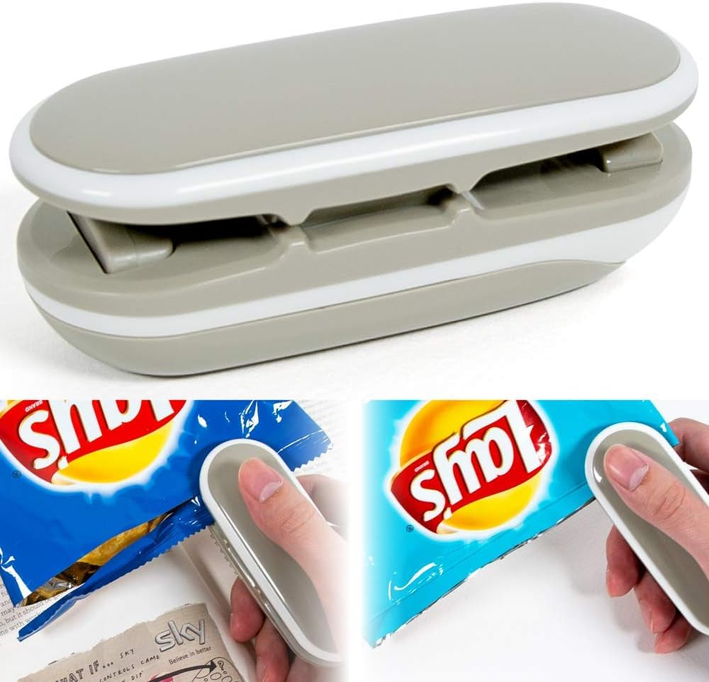 Portable Mini Heat Seal Bag Sealer with Hook - 2-in-1 Vacuum Sealer and Cutter for Resealing Snack, Plastic, and Aluminum Bags (Grey)