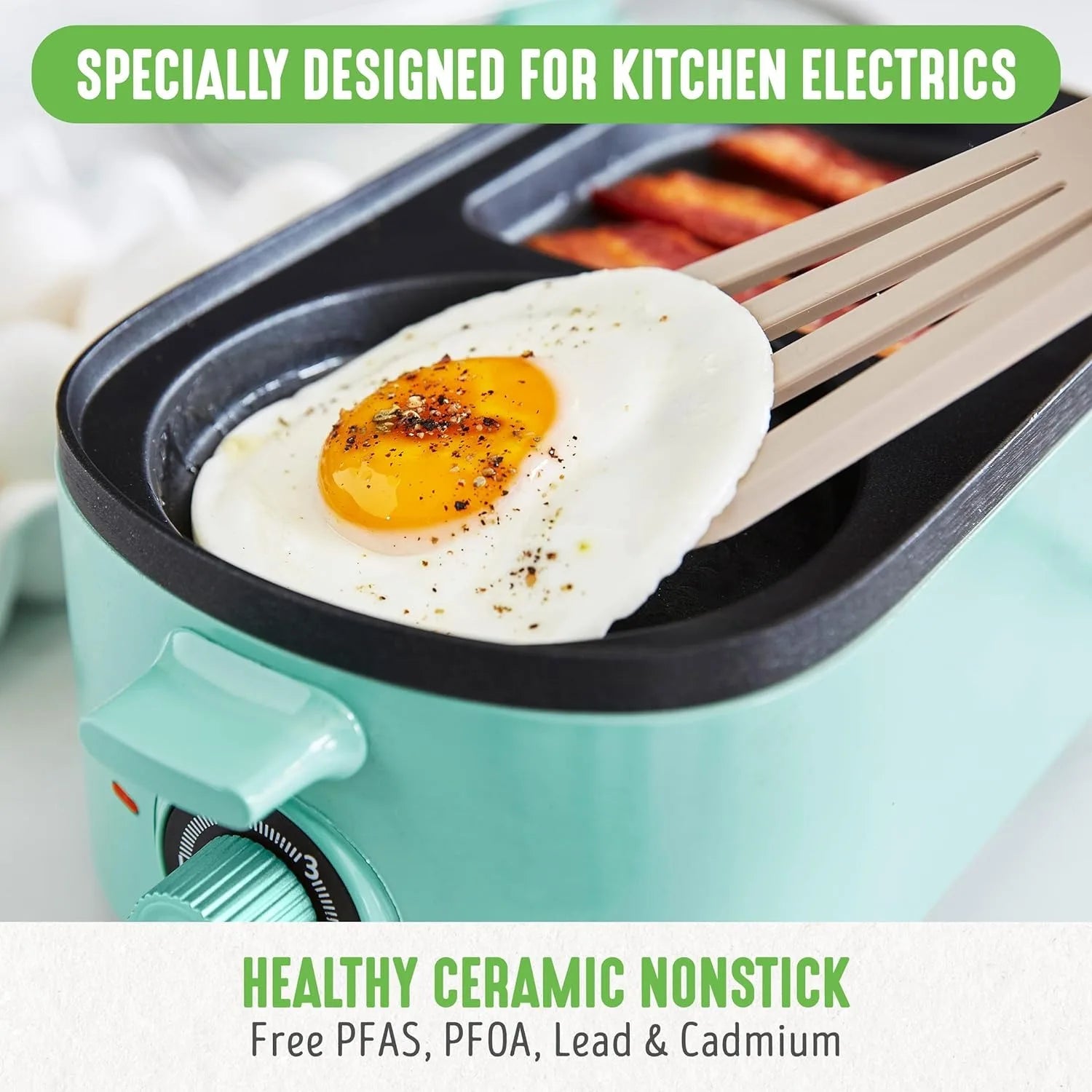 3-in-1 Breakfast Station with Ceramic Nonstick Dual Griddles, Breakfast Sandwich Maker, and 2-Slice Toast Drawer in Turquoise