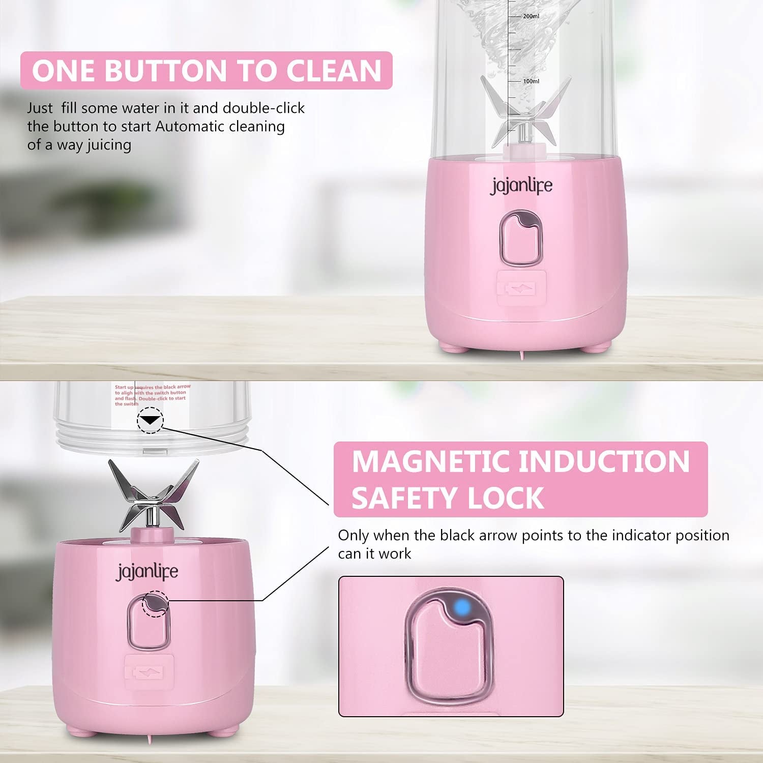 Portable Personal Blender for Shakes and Smoothies - 4000mAh Rechargeable Mini Travel Blender with 3D Six Blades, 13.5oz Fruit Mixer Cup for Home, Sports, and Outdoor Use (Pink)