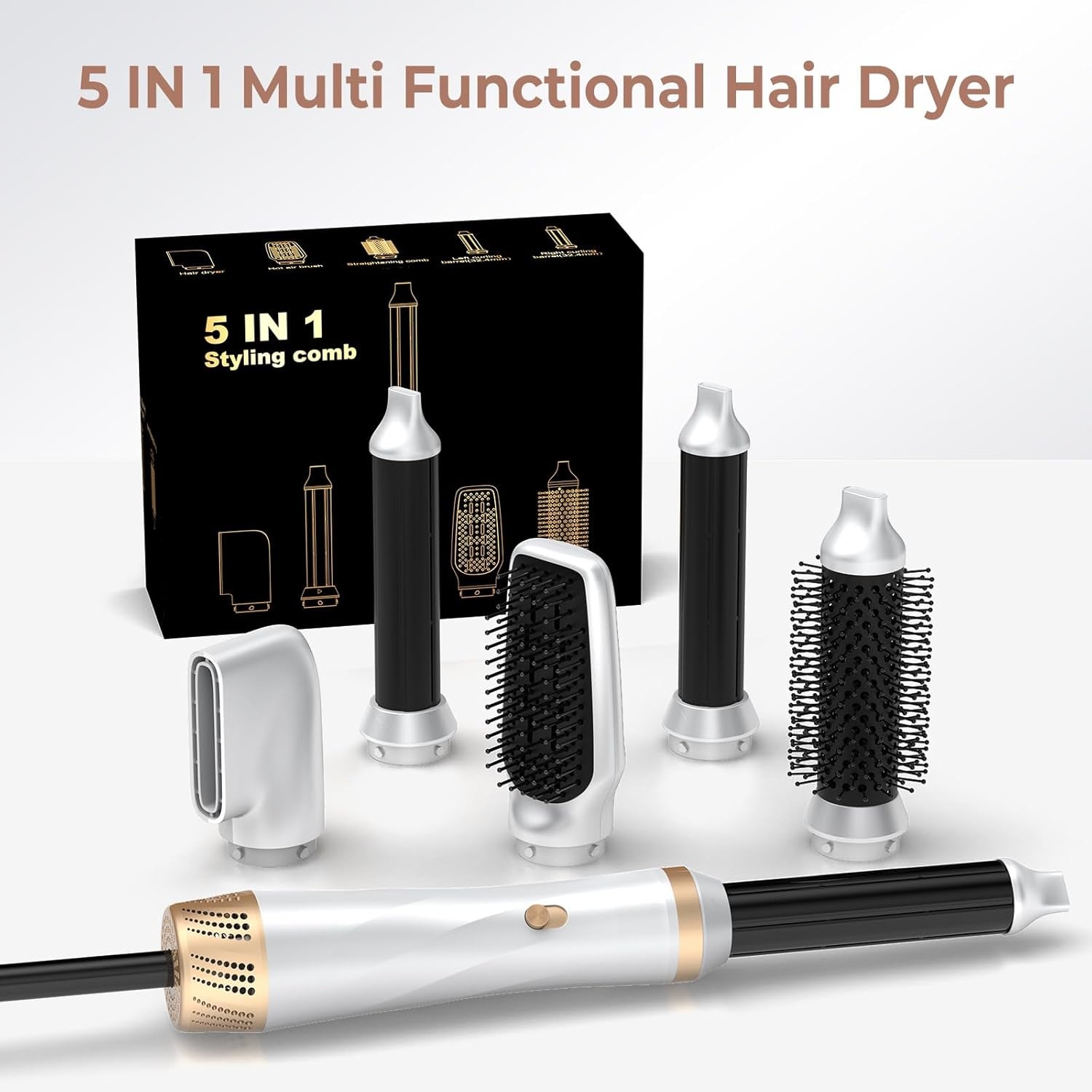 5 in 1 Hair Dryer Brush Set, Blow Dryer Brush with Air Style Wrap Hair Styler, Negative Ionic Magic Style Set, Detachable Air Curler for Volumizer,Straightener,Drying