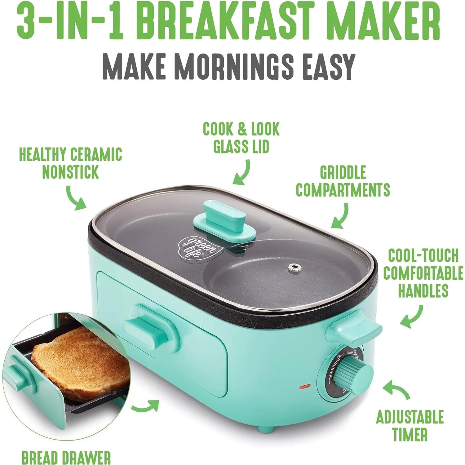 3-in-1 Breakfast Station with Ceramic Nonstick Dual Griddles, Breakfast Sandwich Maker, and 2-Slice Toast Drawer in Turquoise