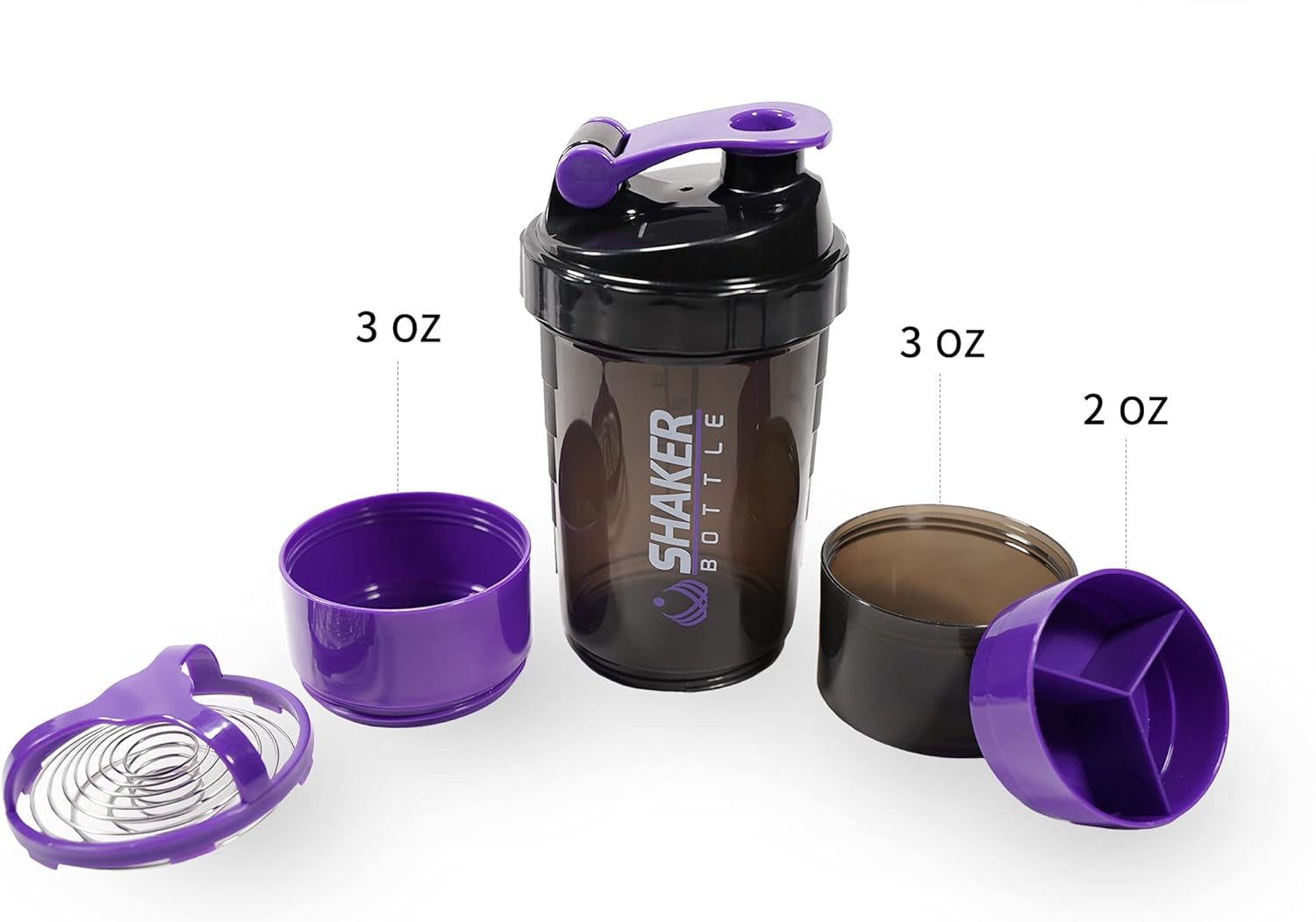 Professional Protein Shaker Bottle - 16 Oz Leak-Proof Sports Water Bottle with Non-Slip 3-Layer Twist-Off Cups and Pill Tray - Purple