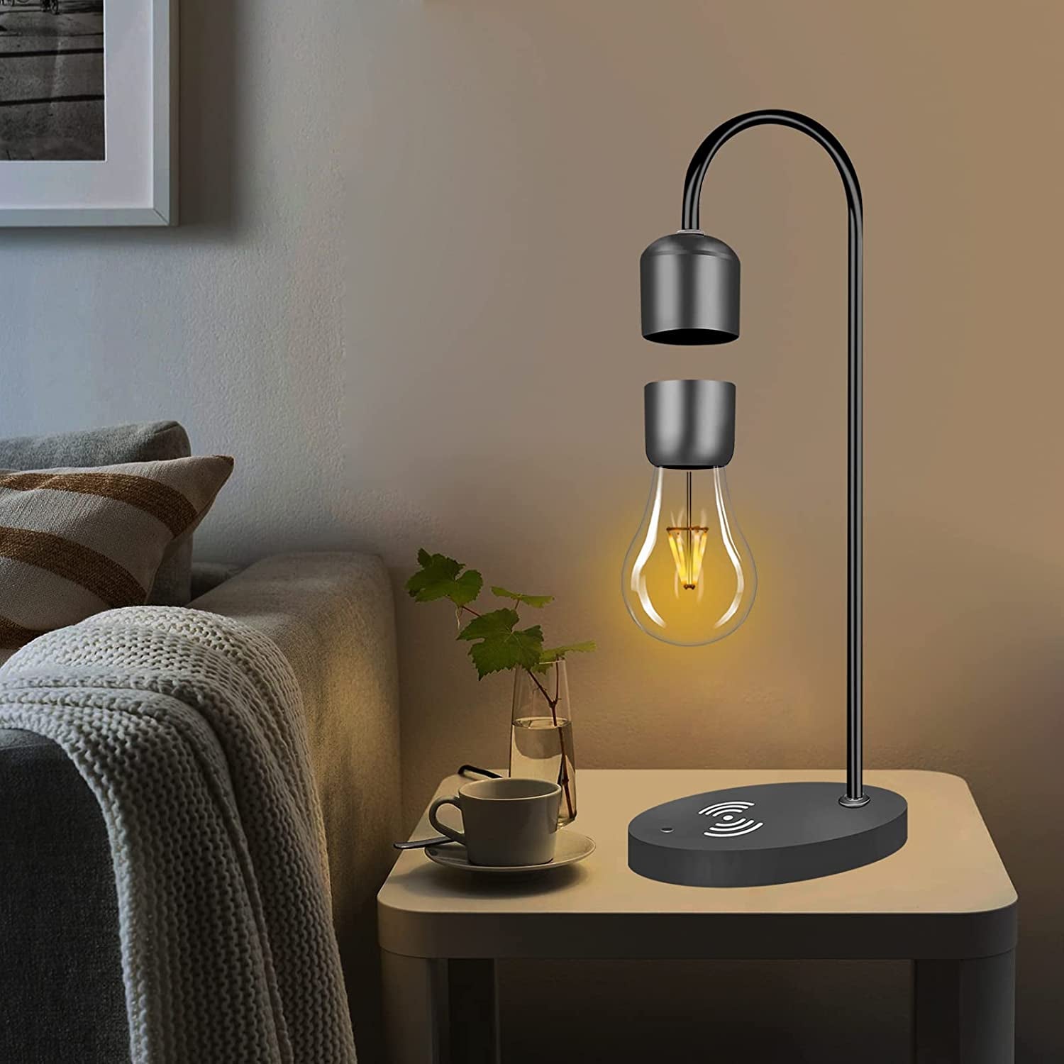 Magnetic Levitating Lamp with Wireless Phone Charger Floating Levitation Light Bulb Magnetic Table LED Night Light Bedroom Home Decoration Family Christmas Gift